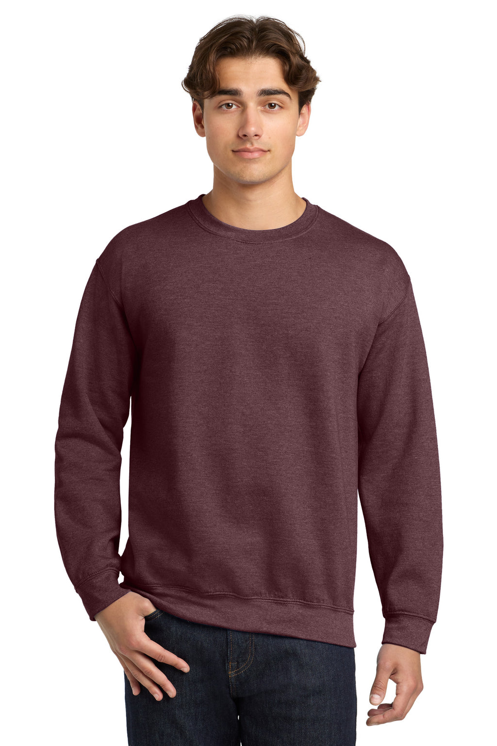 Front View of HtDkMaroon Gildan Heavy Blend Crewneck Sweatshirt. 18000