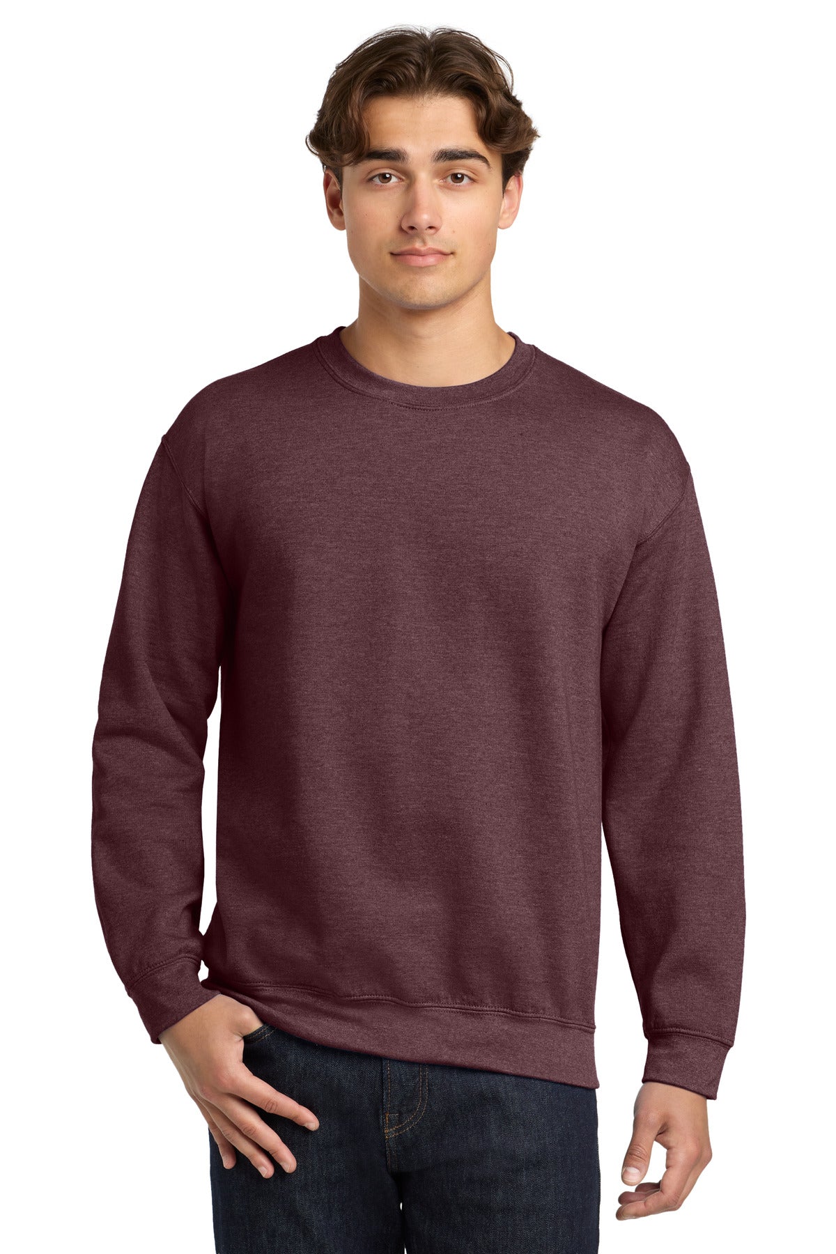 Front View of HtDkMaroon Gildan Heavy Blend Crewneck Sweatshirt. 18000