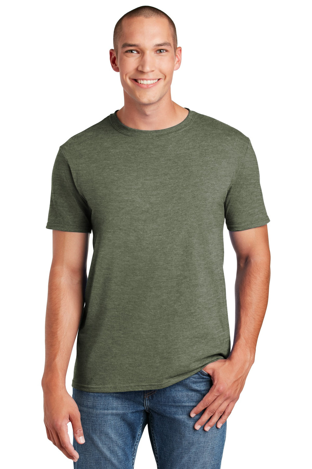 Front View of Hthr Mltry Grn Gildan Softstyle T-Shirt. 64000