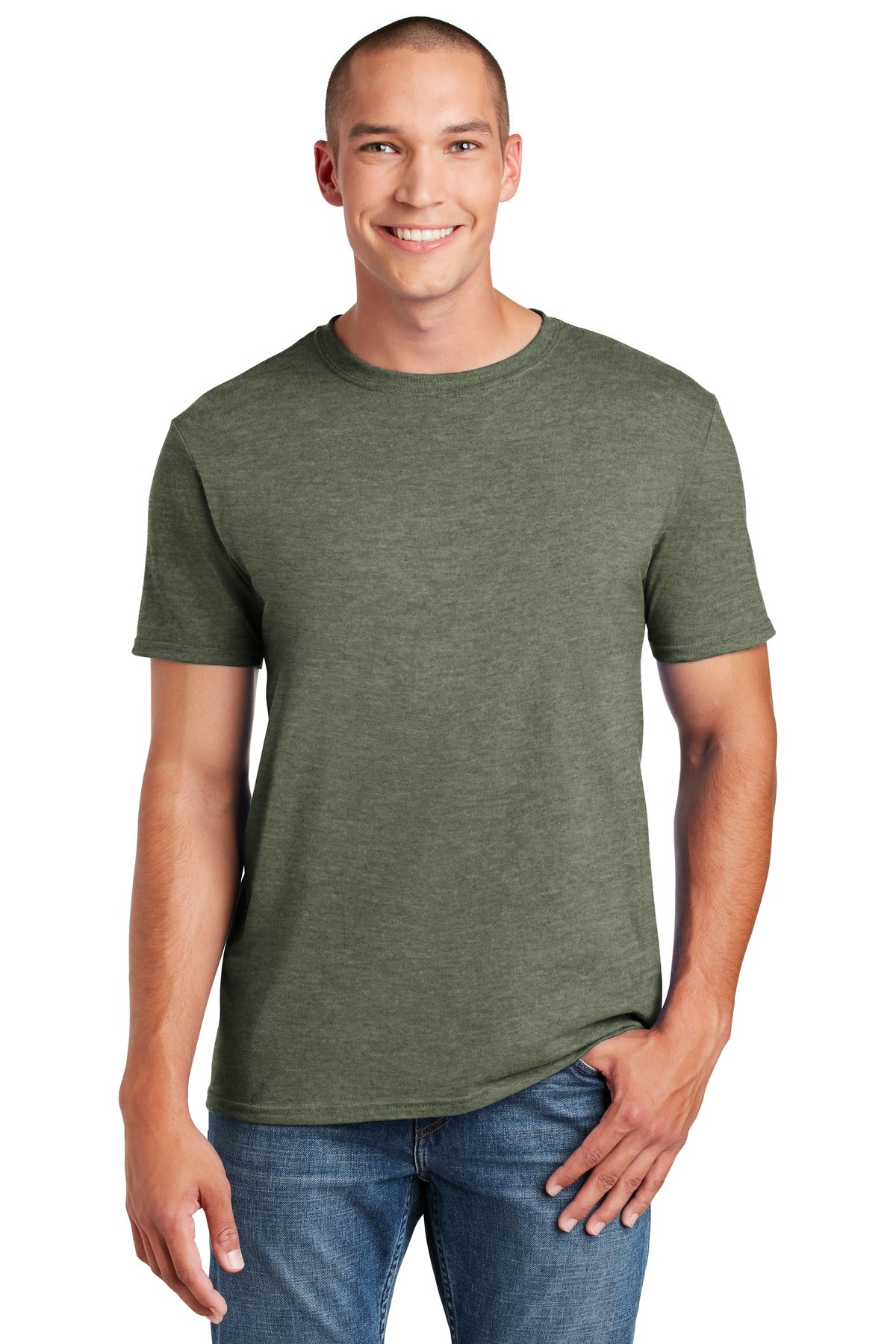 Front View of Hthr Mltry Grn Gildan Softstyle T-Shirt. 64000