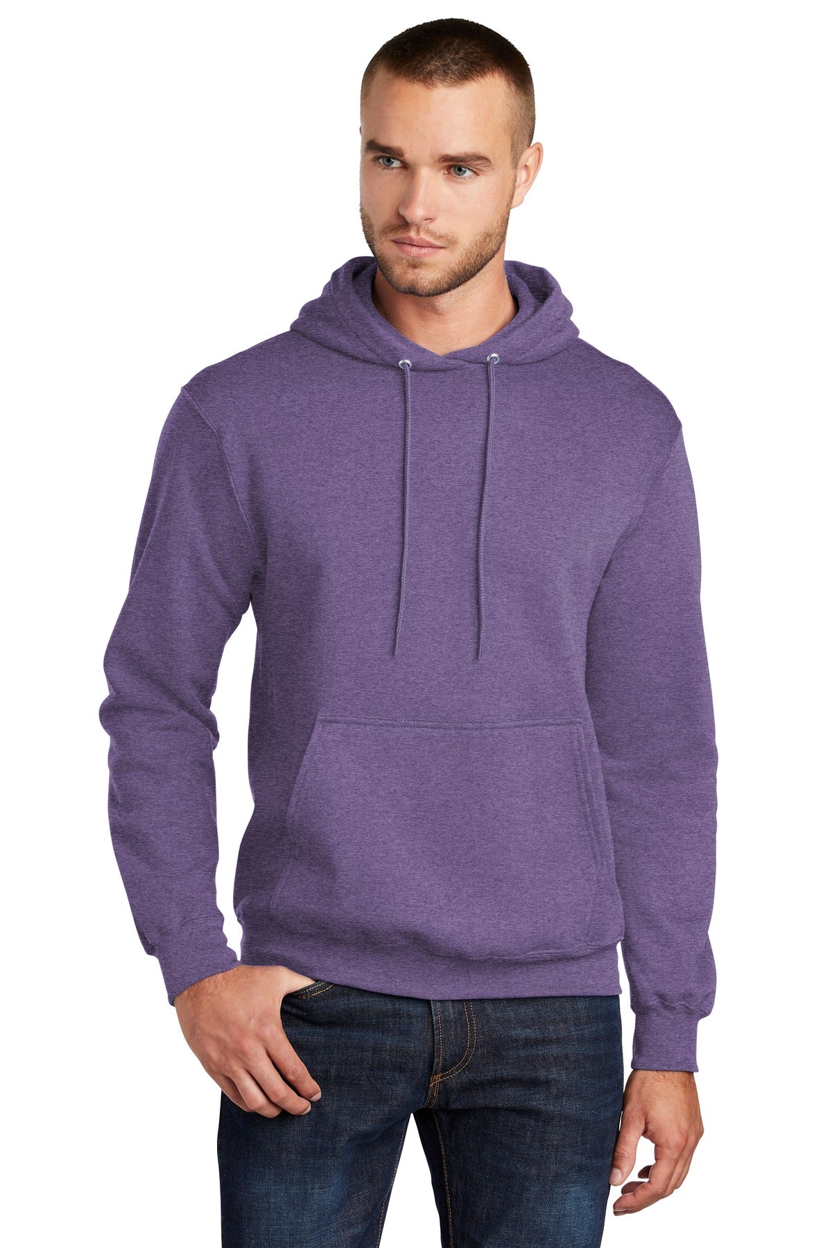 Front View of Hthr Purple Port & Co Core Fleece Pullover Hooded Sweatshirt. PC78H
