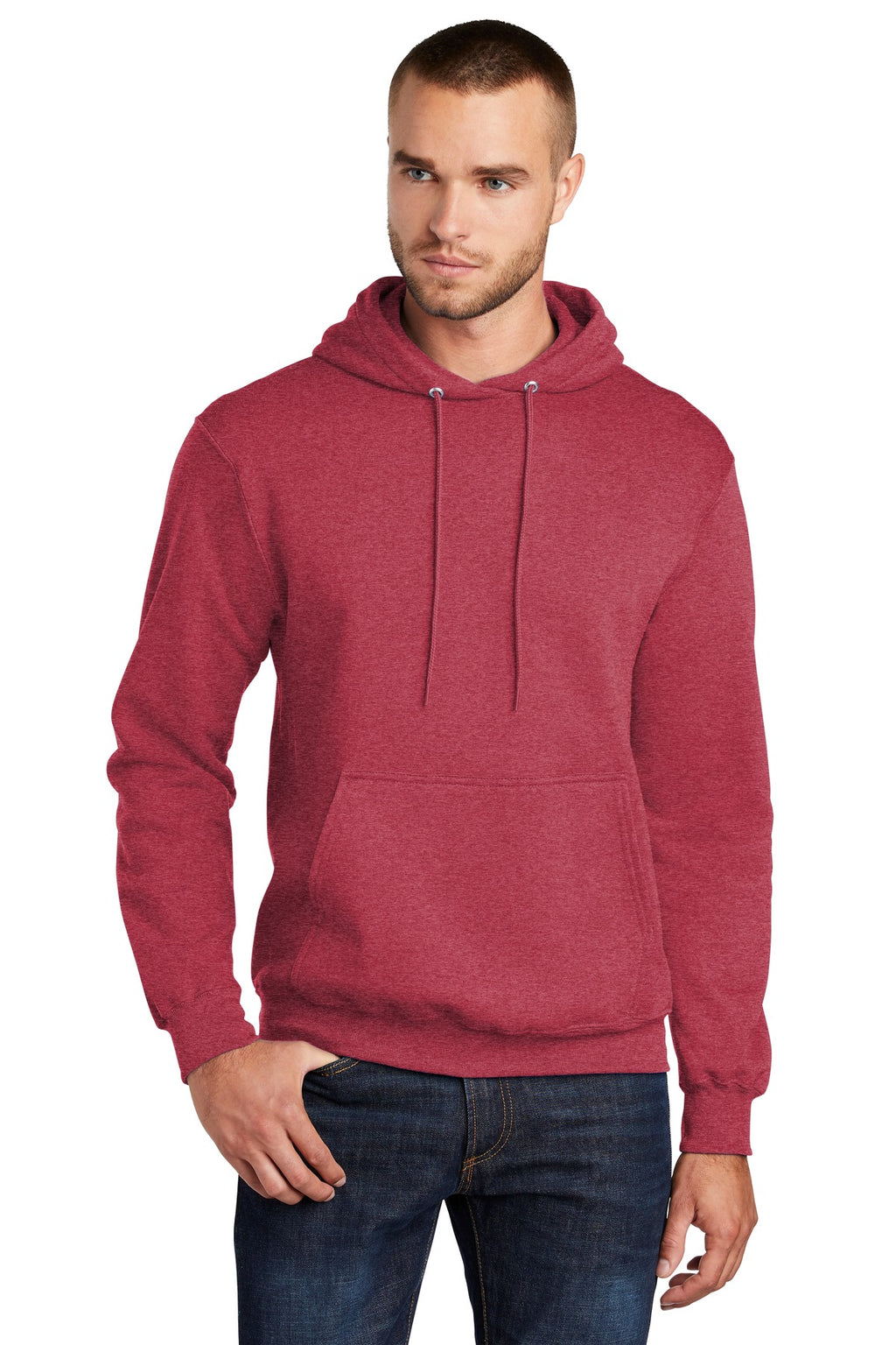Front View of Hthr Red Port & Co Core Fleece Pullover Hooded Sweatshirt. PC78H