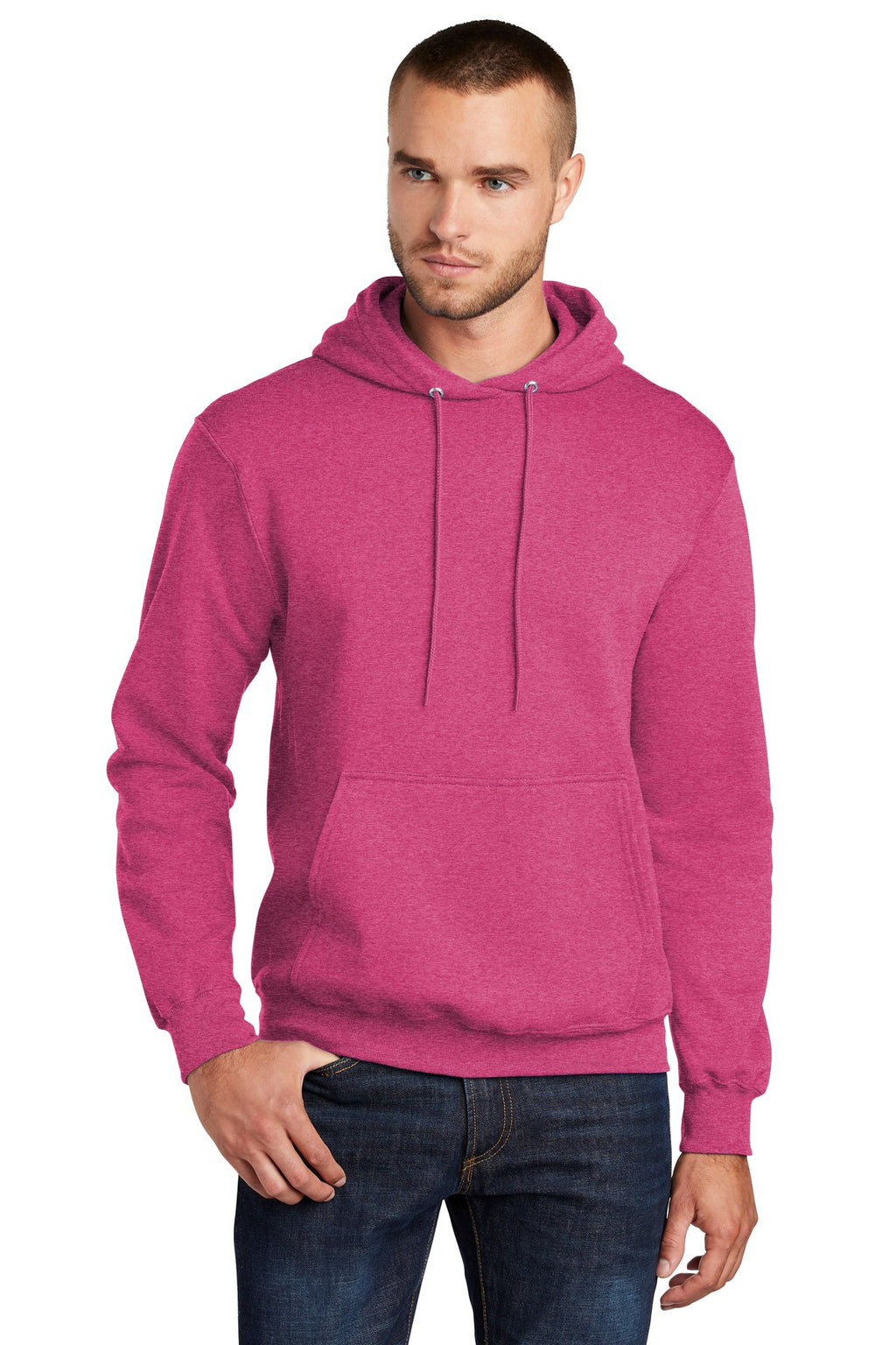 Front View of Hthr Sangria Port & Co Core Fleece Pullover Hooded Sweatshirt. PC78H