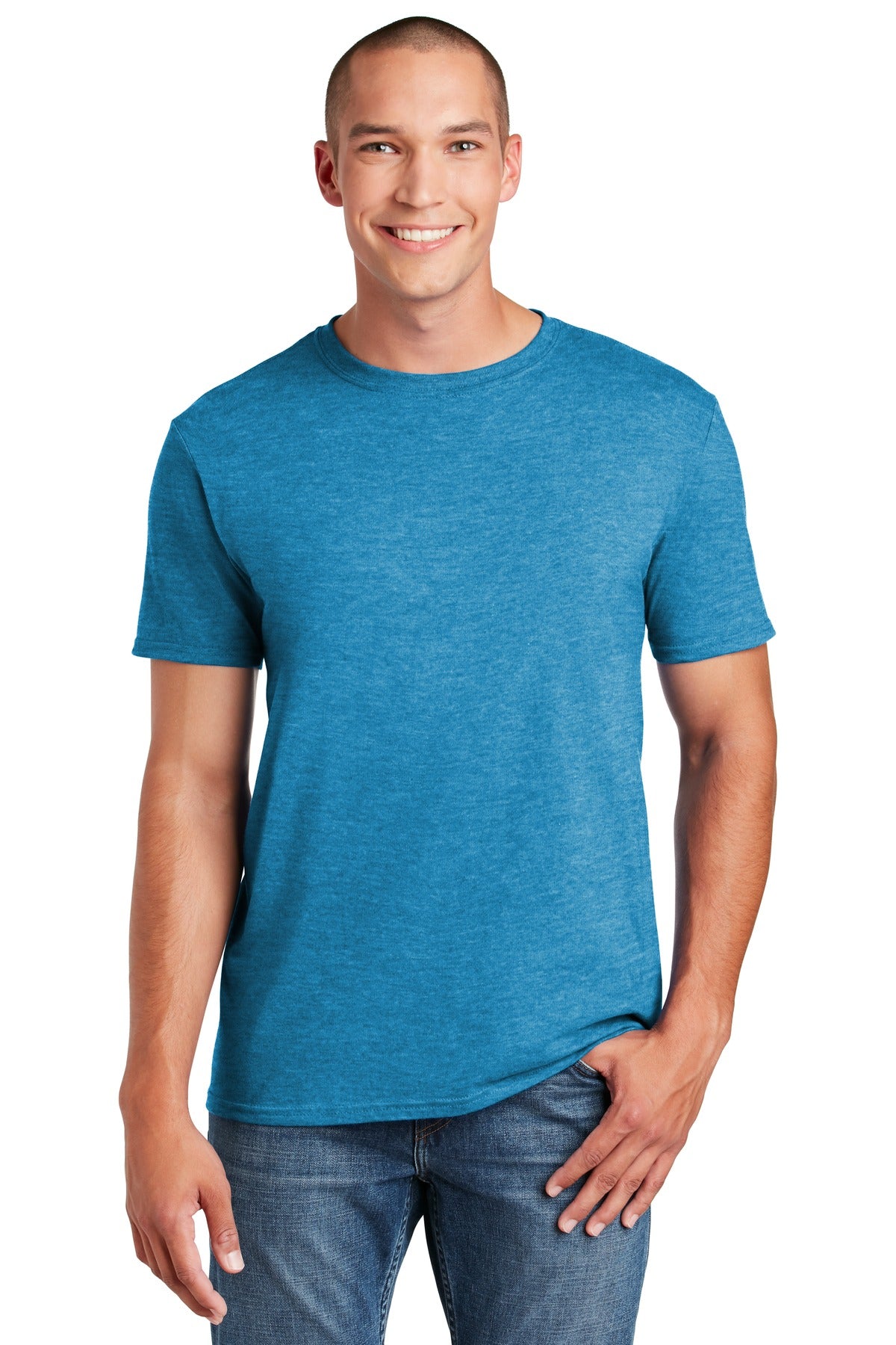 Front View of Hthr Sapphire Gildan Softstyle T-Shirt. 64000