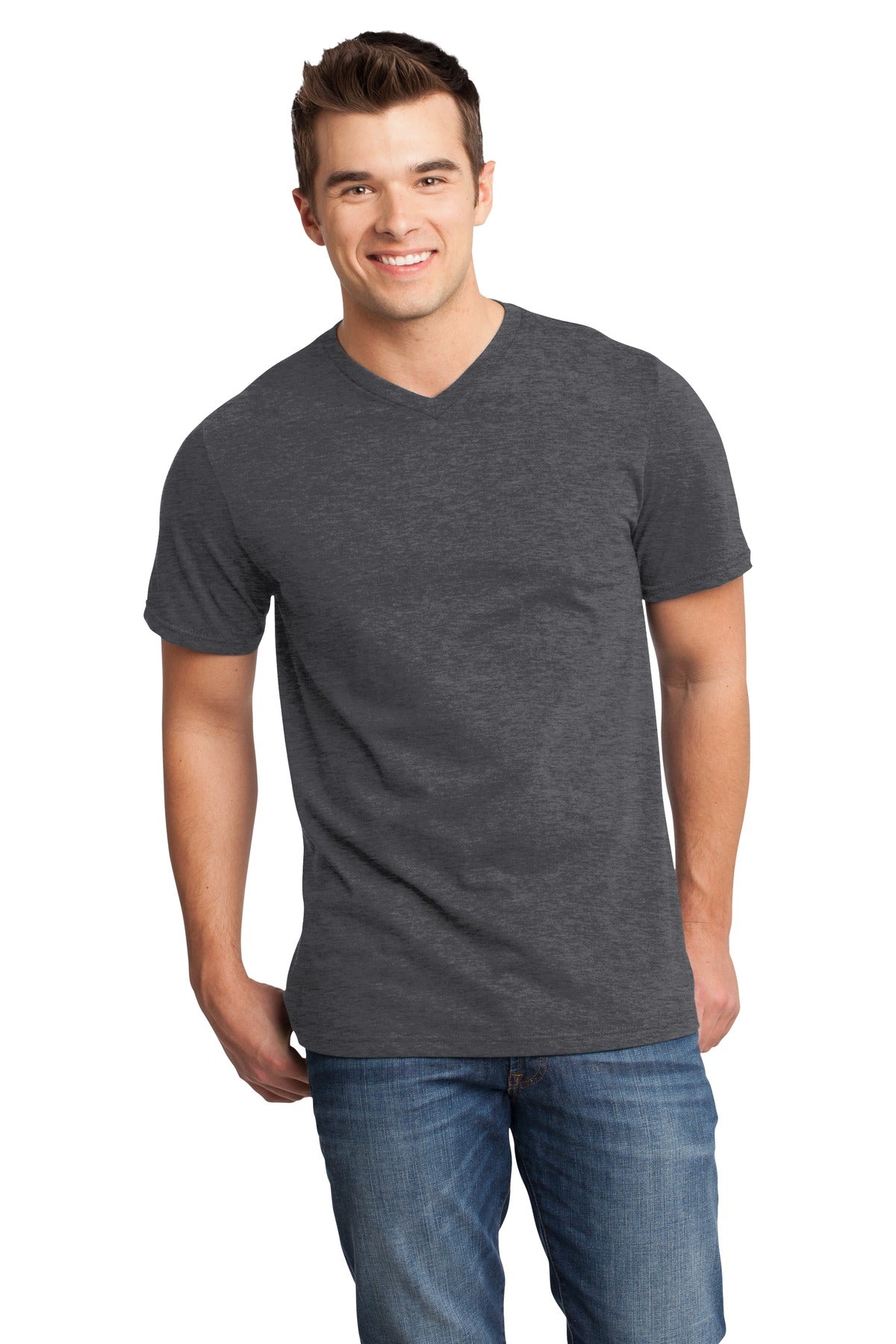 Front View of Hthrd Charcoal District Very Important Tee V-Neck. DT6500