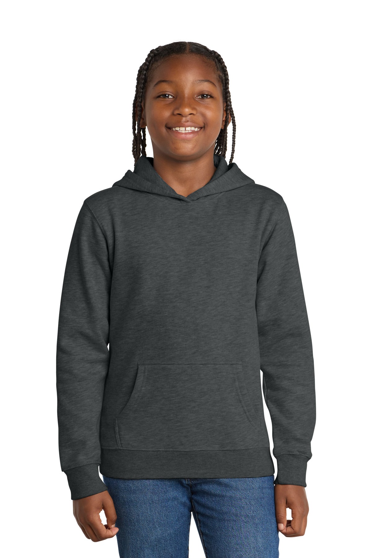 Front View of Hthrd Charcoal District Youth V.I.T. Fleece Hoodie DT6100Y