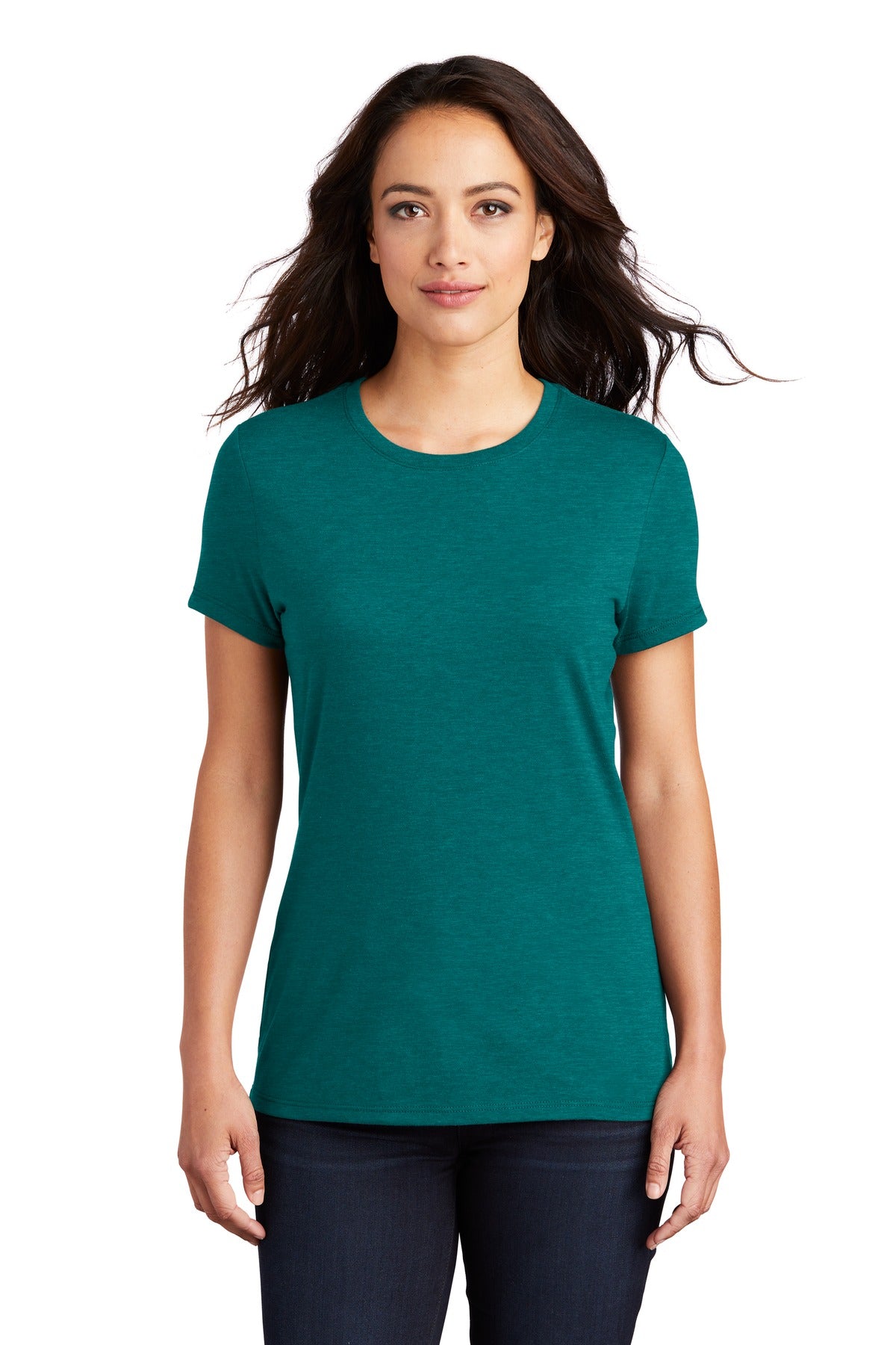 Front View of Hthrd Teal District Women's Perfect Tri Tee. DM130L