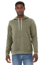 Front View of HthrOlive BELLA+CANVAS Unisex Sponge Fleece Pullover Hoodie. BC3719