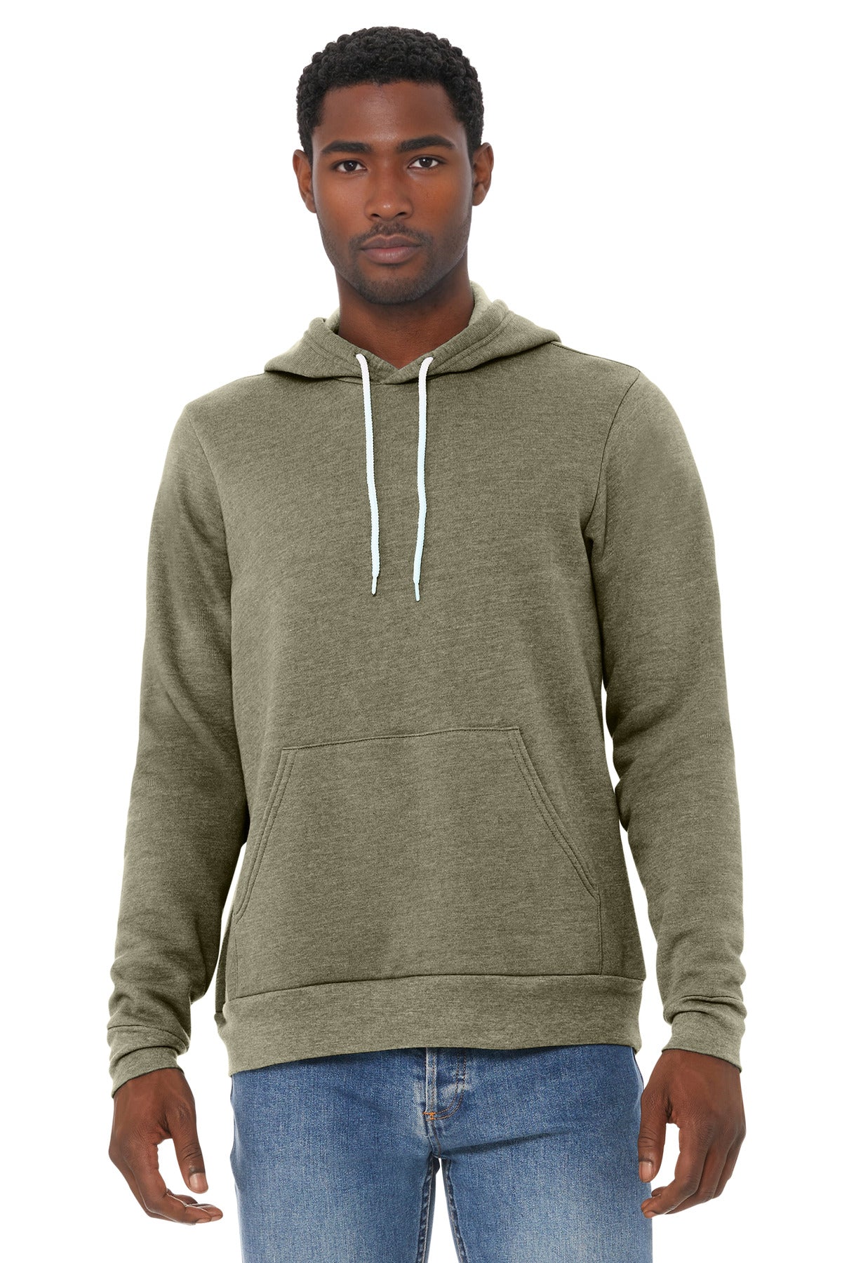 Front View of HthrOlive BELLA+CANVAS Unisex Sponge Fleece Pullover Hoodie. BC3719
