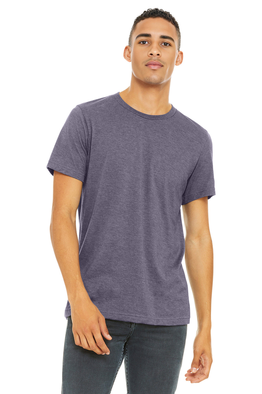 Front View of HthrPurple BELLA+CANVAS Unisex Heather CVC Short Sleeve Tee. BC3001CVC
