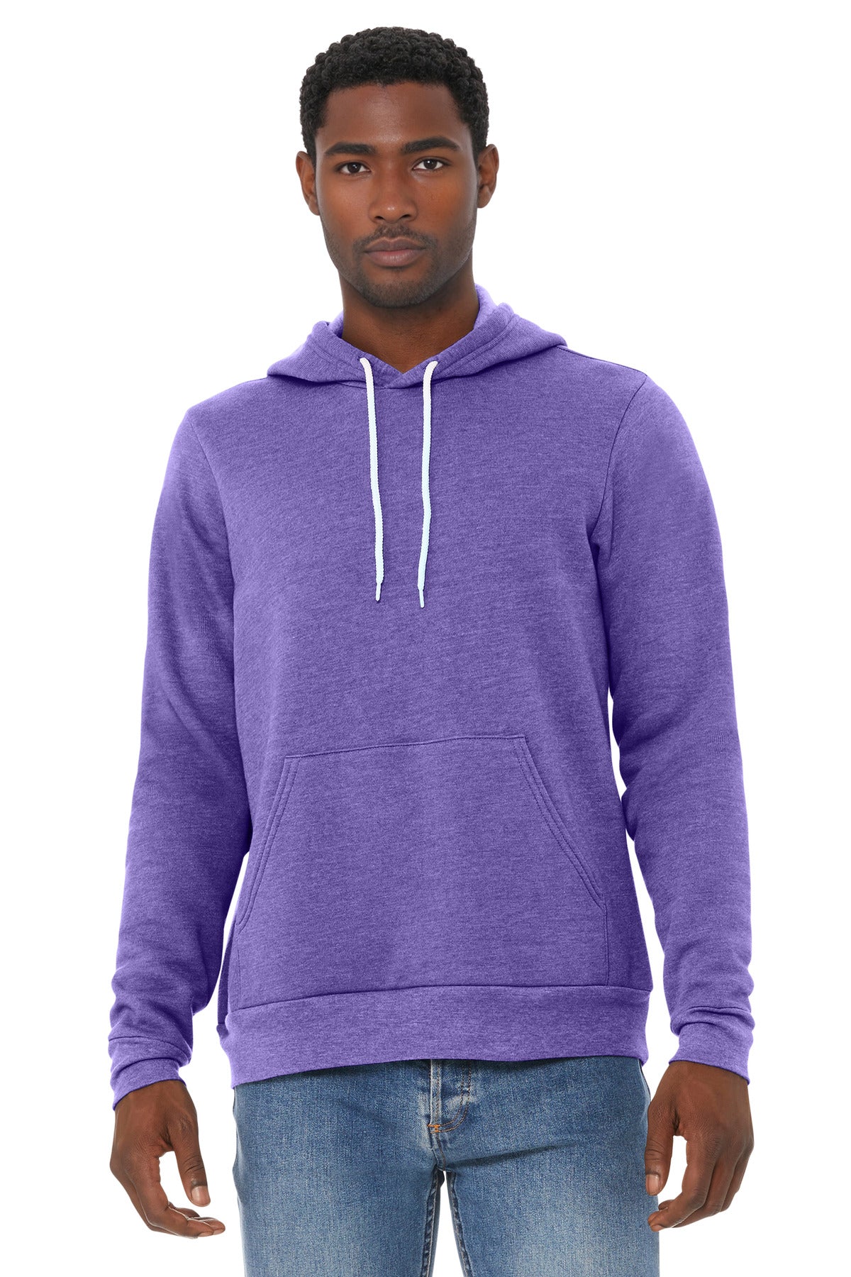 Front View of HthrTmPrpl BELLA+CANVAS Unisex Sponge Fleece Pullover Hoodie. BC3719