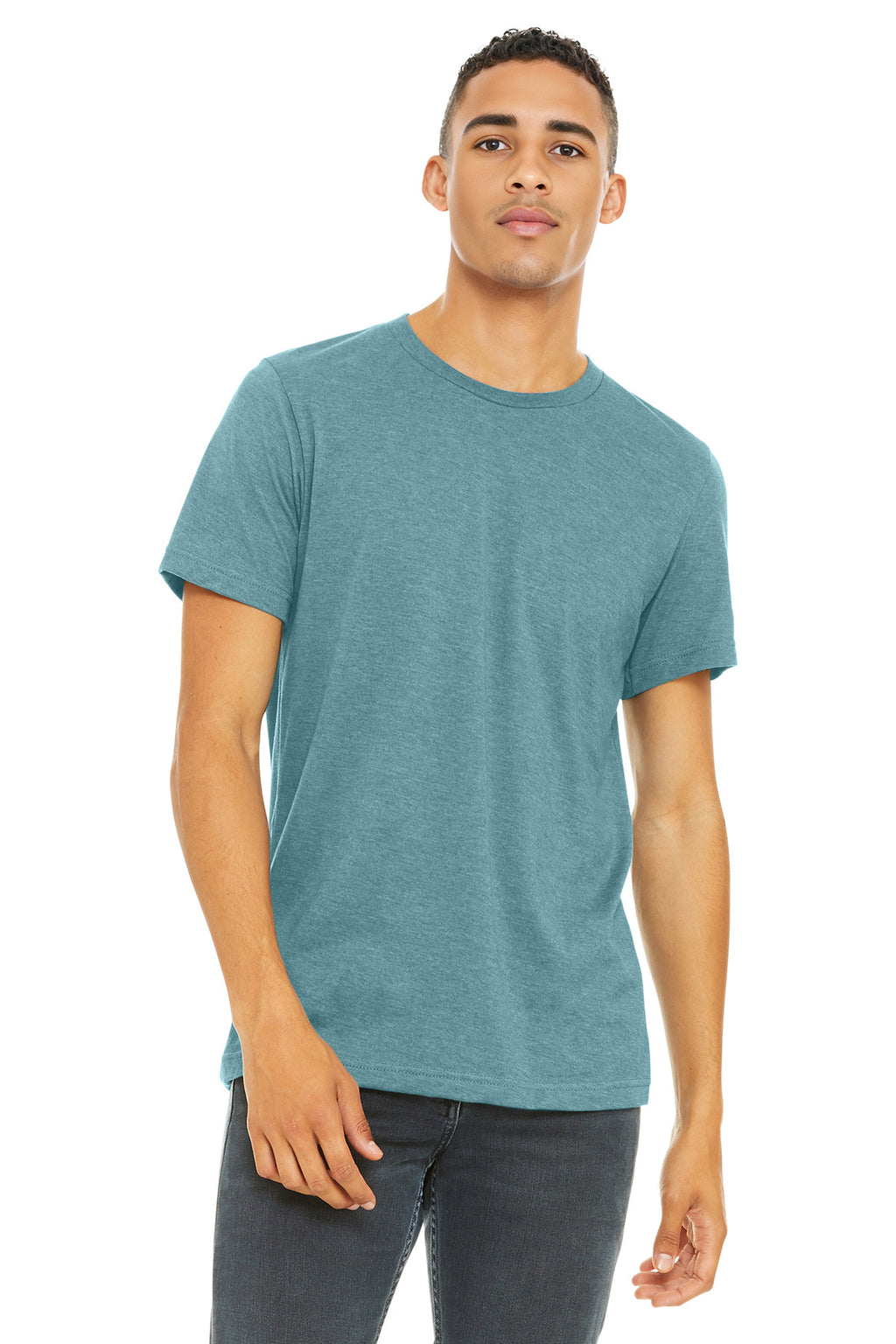 Front View of HtrBluLagn BELLA+CANVAS Unisex Heather CVC Short Sleeve Tee. BC3001CVC
