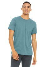 Front View of HtrBluLagn BELLA+CANVAS Unisex Heather CVC Short Sleeve Tee. BC3001CVC