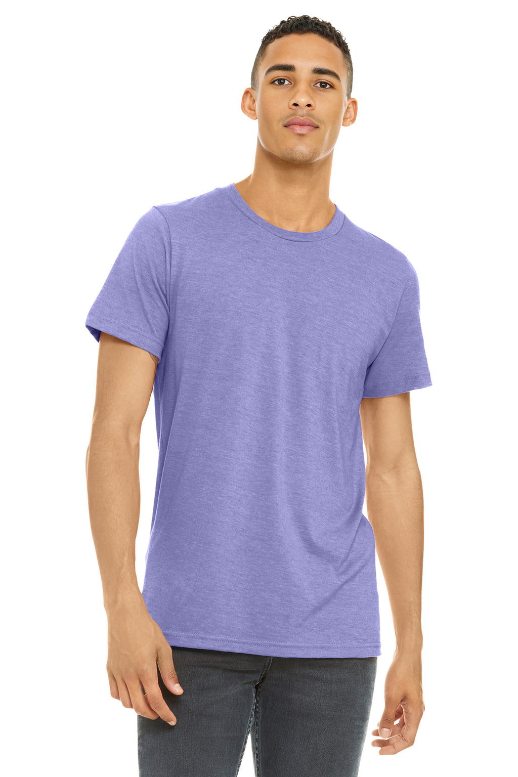 Front View of HtrDkLvndr BELLA+CANVAS Unisex Heather CVC Short Sleeve Tee. BC3001CVC