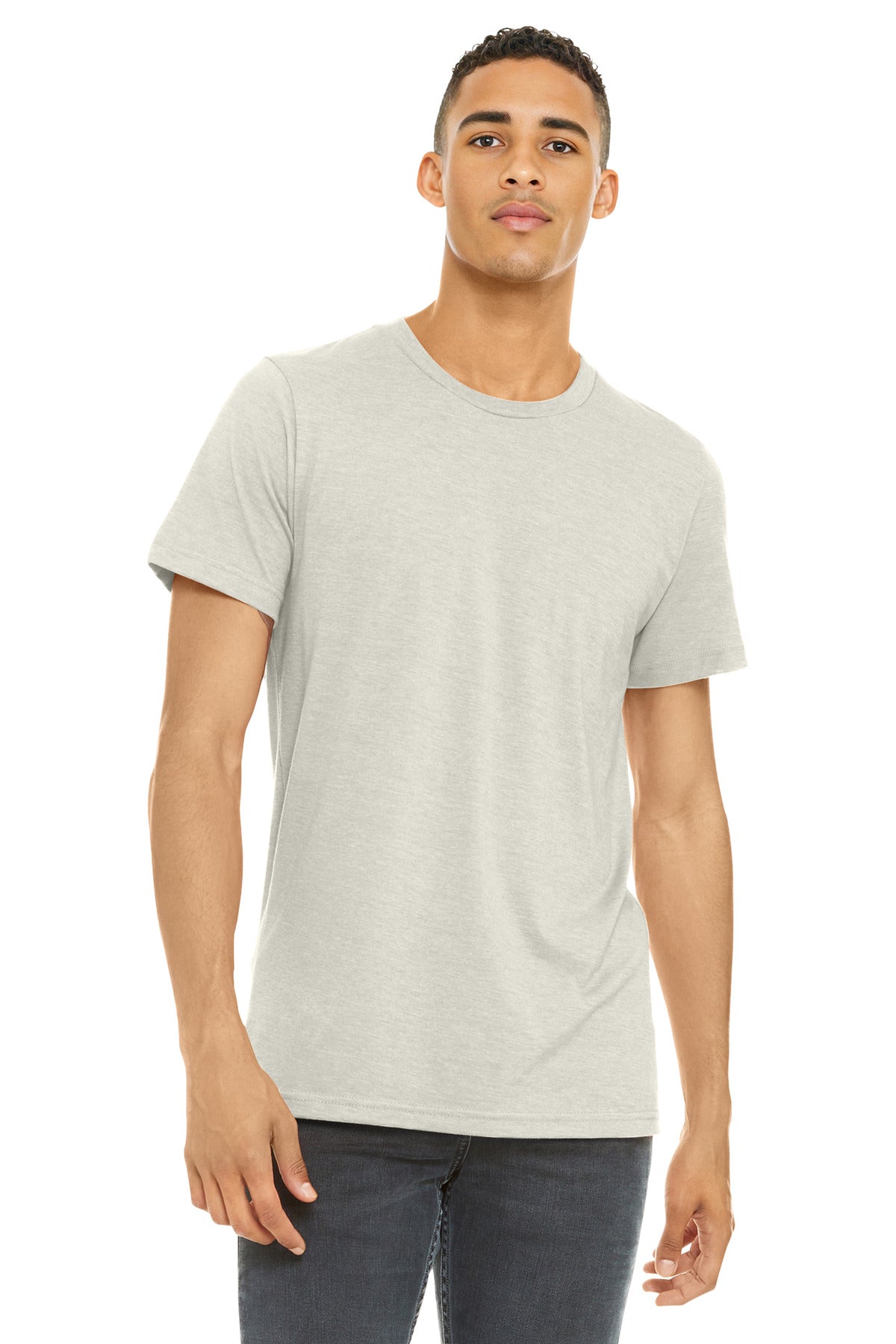 Front View of HtrOatmeal BELLA+CANVAS Unisex Heather CVC Short Sleeve Tee. BC3001CVC