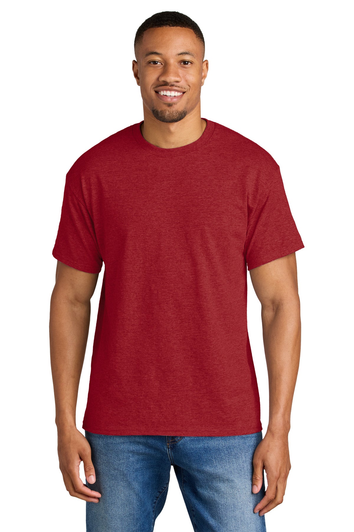 Front View of HtrScarRed Gildan DryBlend 50 Cotton/50 Poly T-Shirt. 8000