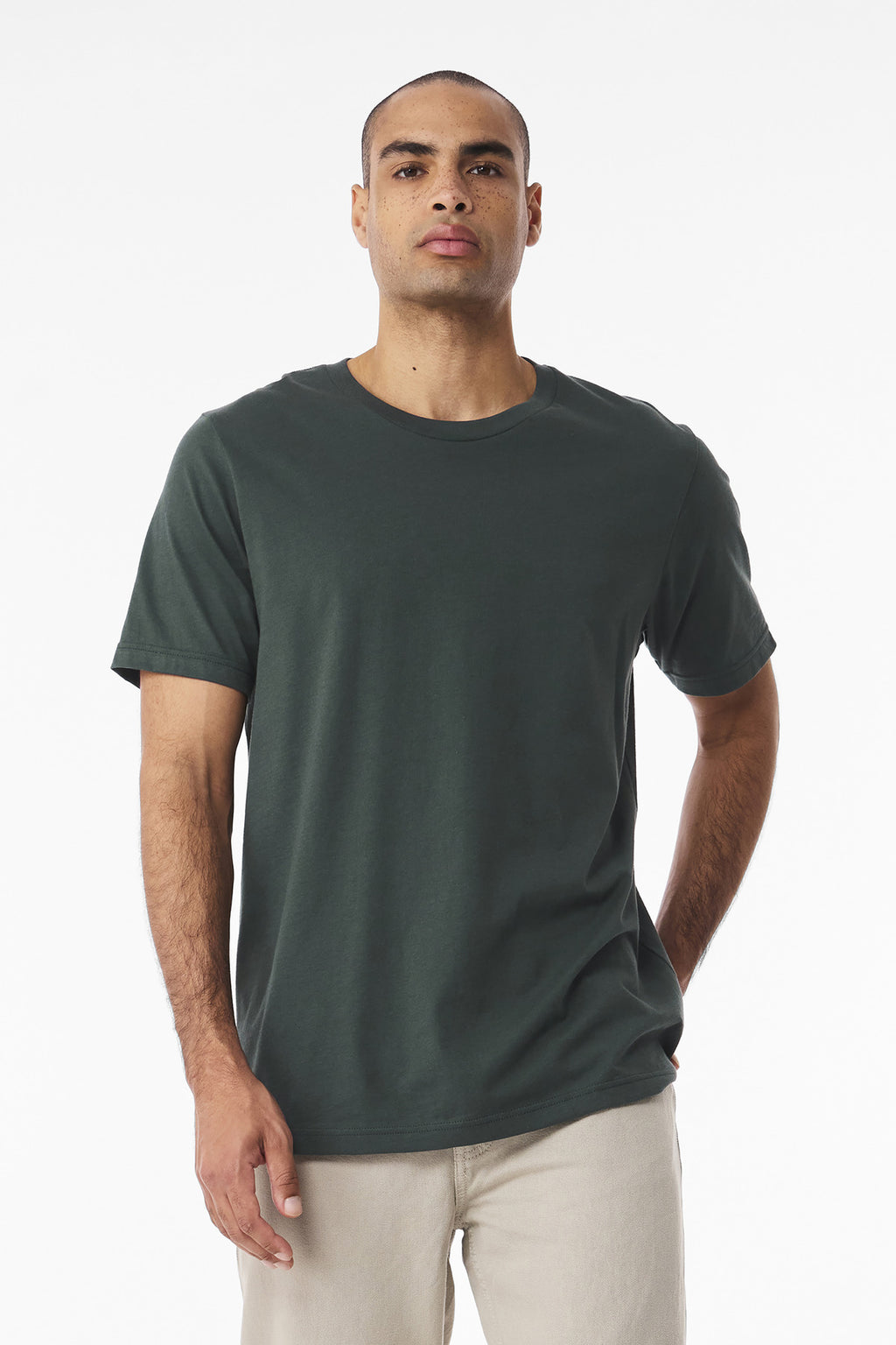 Front View of HunterGrn BELLA+CANVAS Unisex Jersey Short Sleeve Tee. BC3001