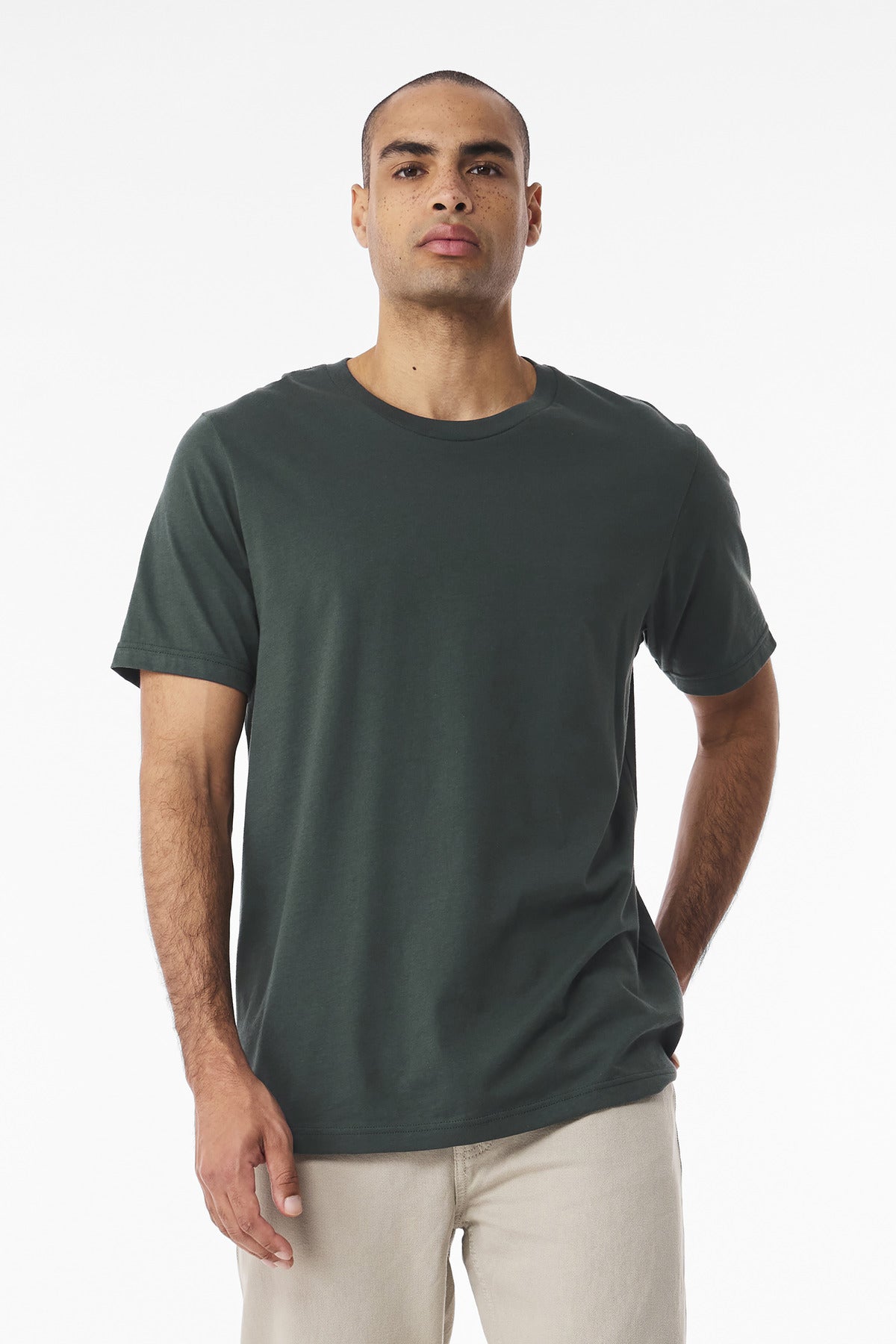 Front View of HunterGrn BELLA+CANVAS Unisex Jersey Short Sleeve Tee. BC3001