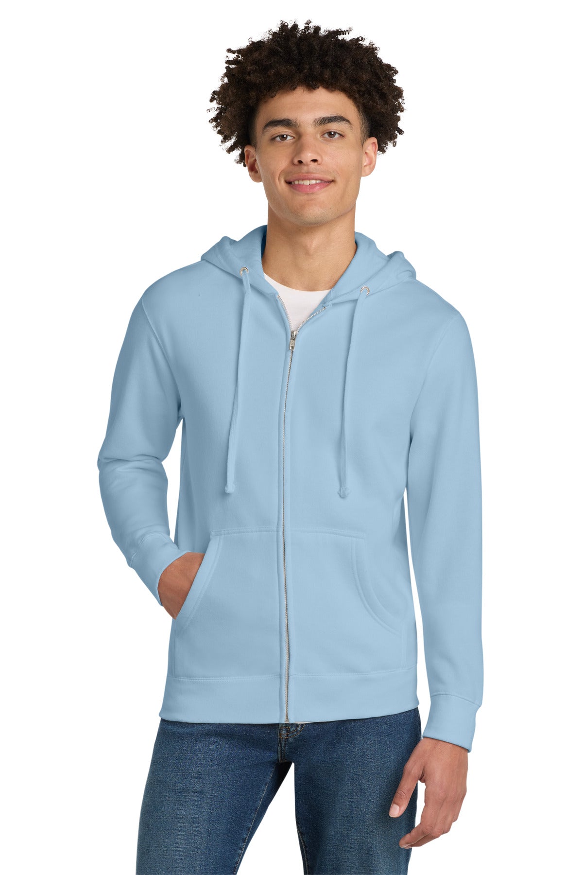 Front View of Ice Blue District V.I.T. Fleece Full-Zip Hoodie DT6102