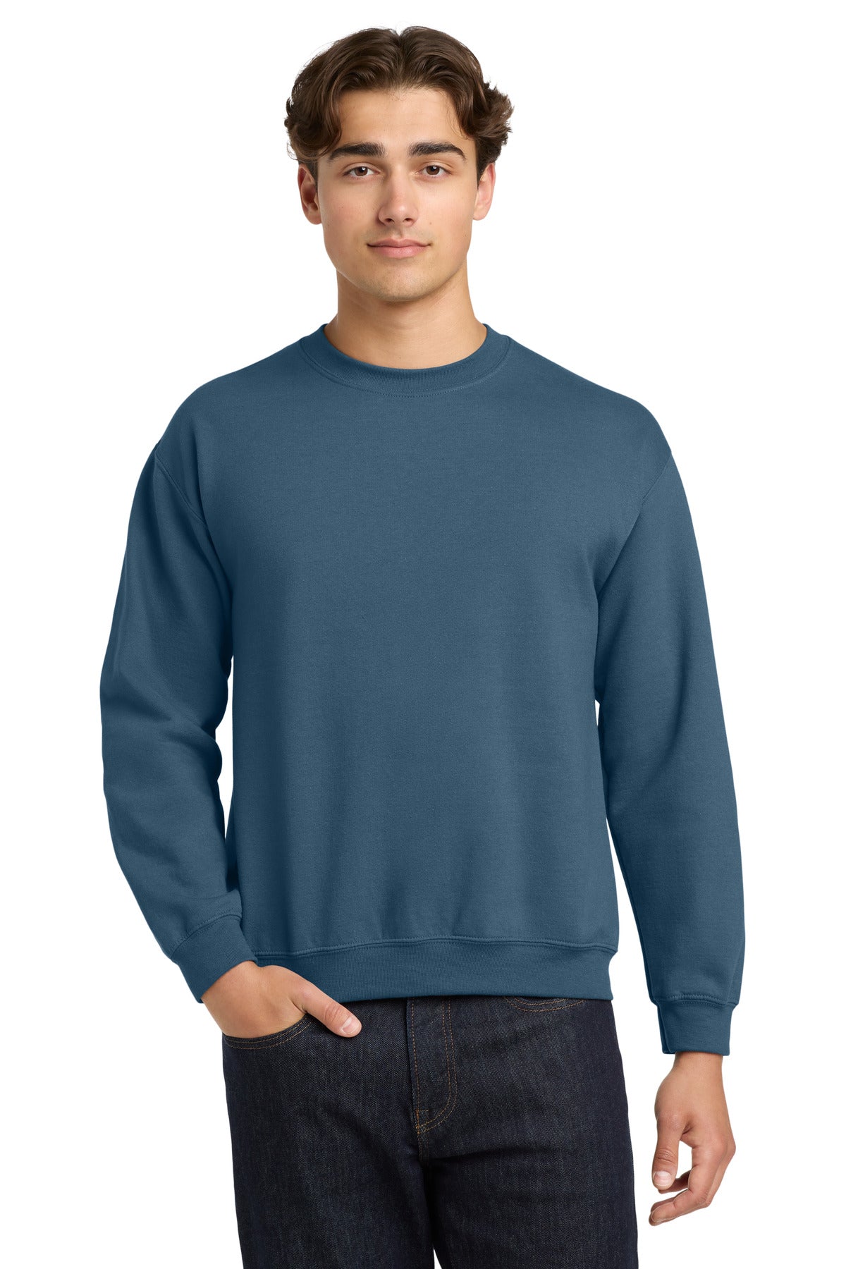 Front View of Indigo Blue Gildan Heavy Blend Crewneck Sweatshirt. 18000
