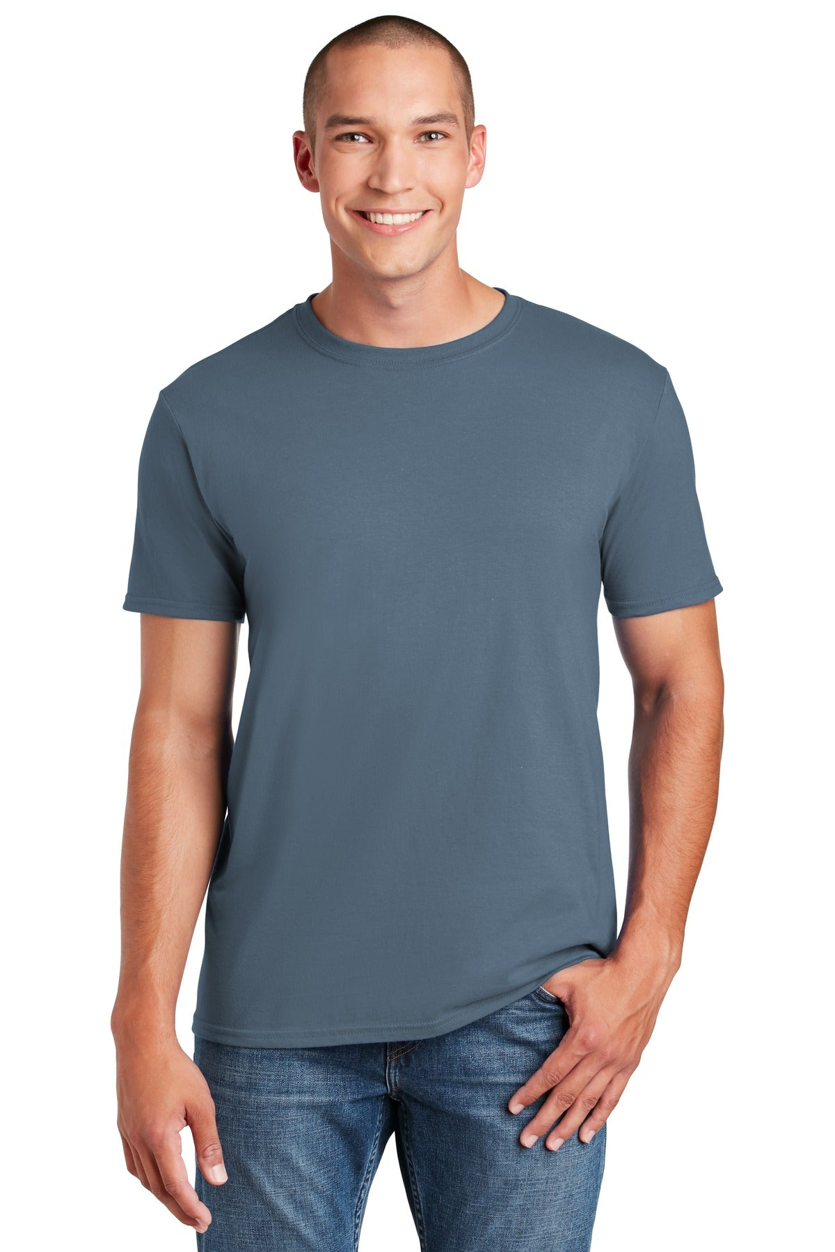Front View of Indigo Blue Gildan Softstyle T-Shirt. 64000