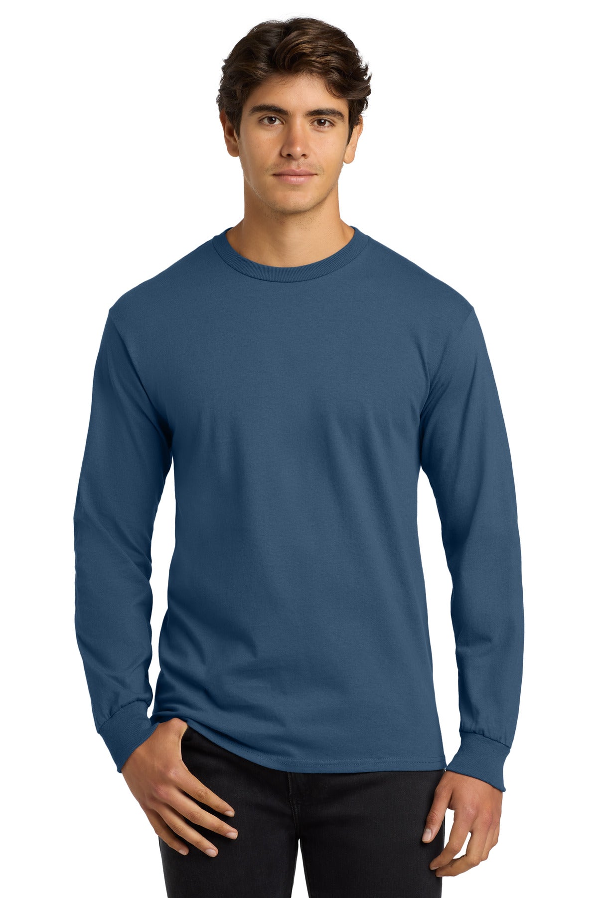 Front View of Indigo Blue Gildan - Ultra Cotton 100% US Cotton Long Sleeve T-Shirt. G2400