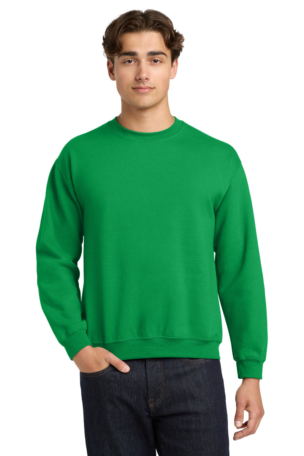 Front View of Irish Green Gildan Heavy Blend Crewneck Sweatshirt. 18000