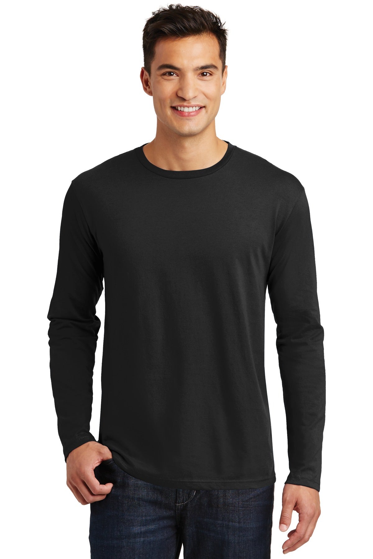 Front View of Jet Black District Perfect Weight Long Sleeve Tee. DT105