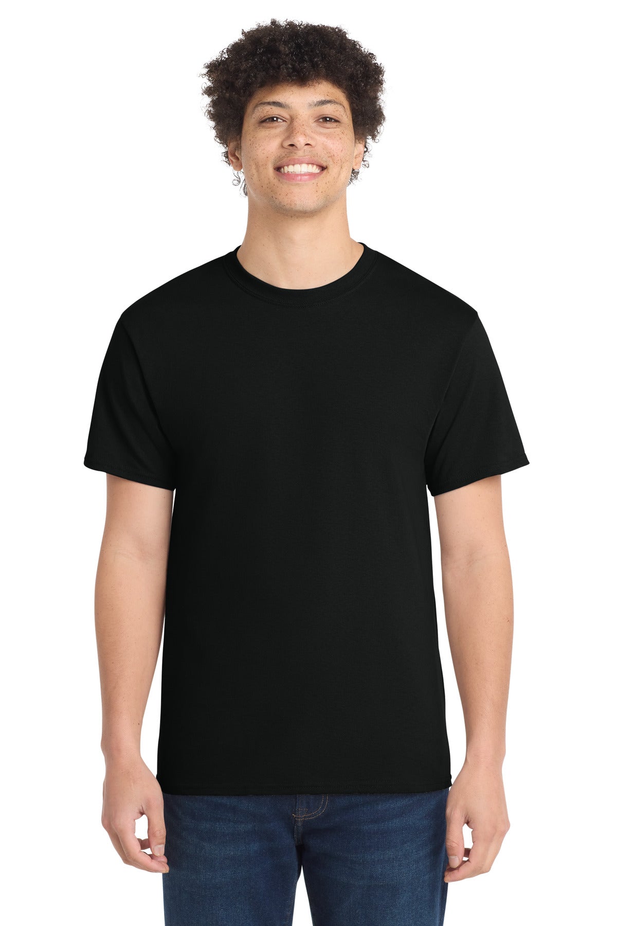 Front View of Jet Black Port & Co Core Cotton Tee. PC54