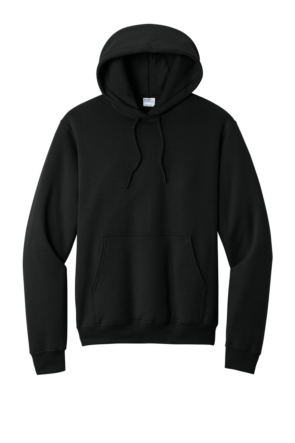 Front View of Jet Black Port & Co Core Fleece Pullover Hooded Sweatshirt. PC78H