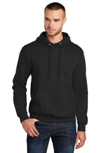 Front View of Jet Black Port & Co Core Fleece Pullover Hooded Sweatshirt. PC78H