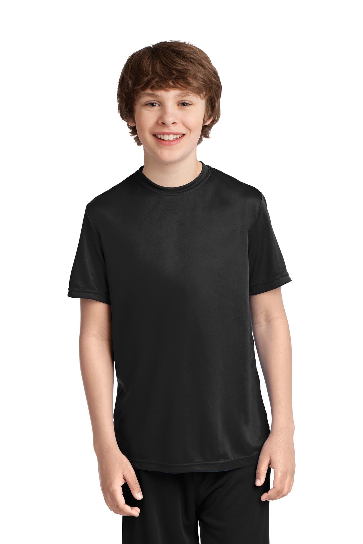 Front View of Jet Black Port & Co Youth Performance Tee. PC380Y