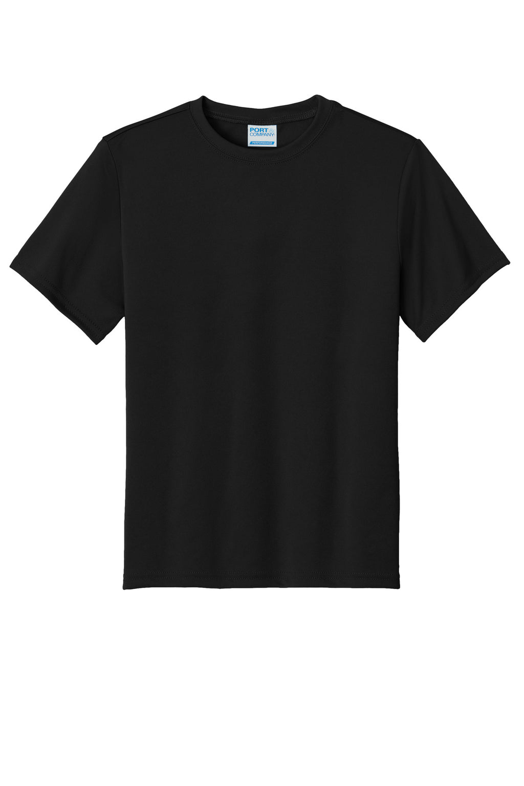 Front View of Jet Black Port & Co Youth Performance Tee. PC380Y