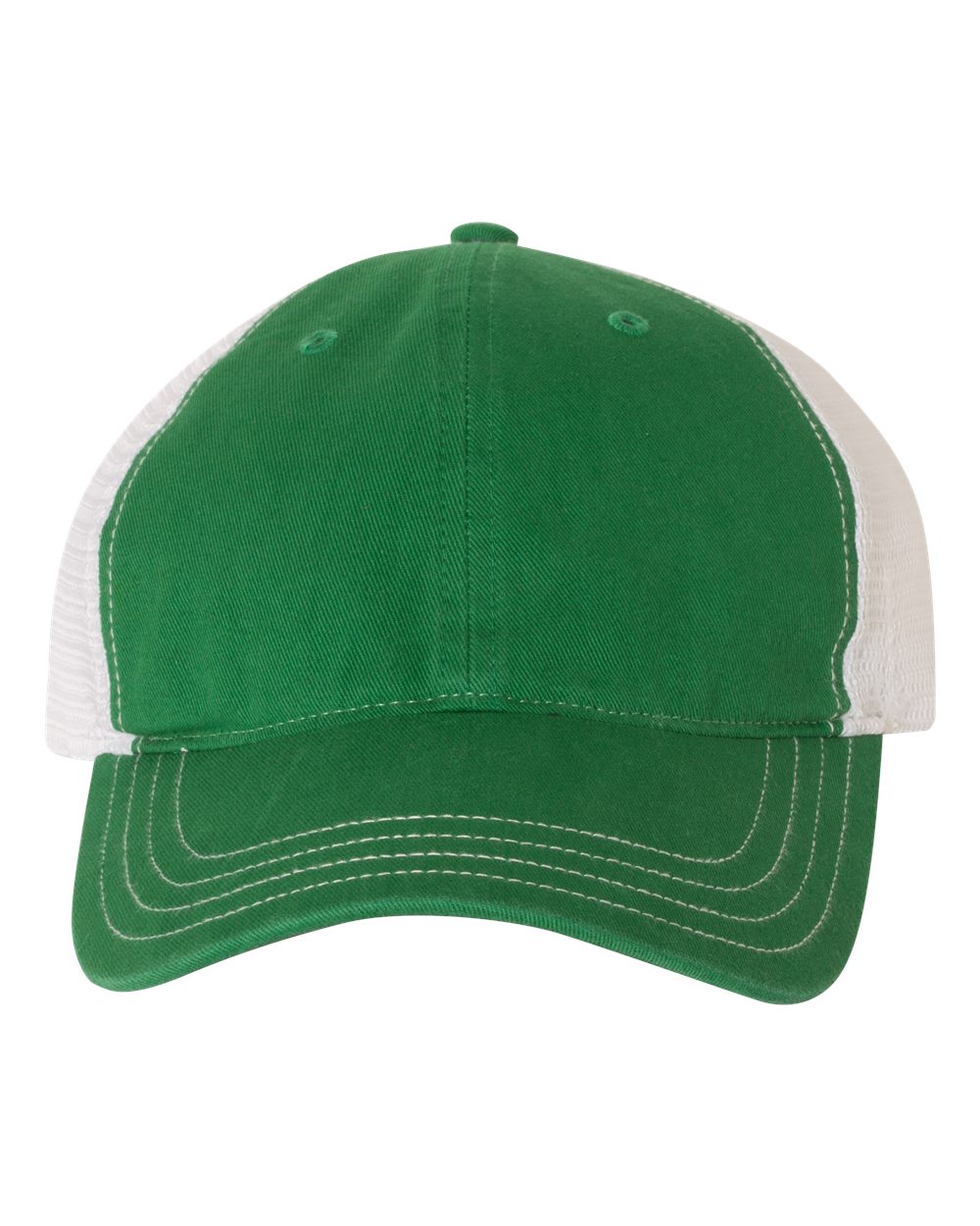 Front View of Kelly/ White Garment-Washed Trucker Cap - 111