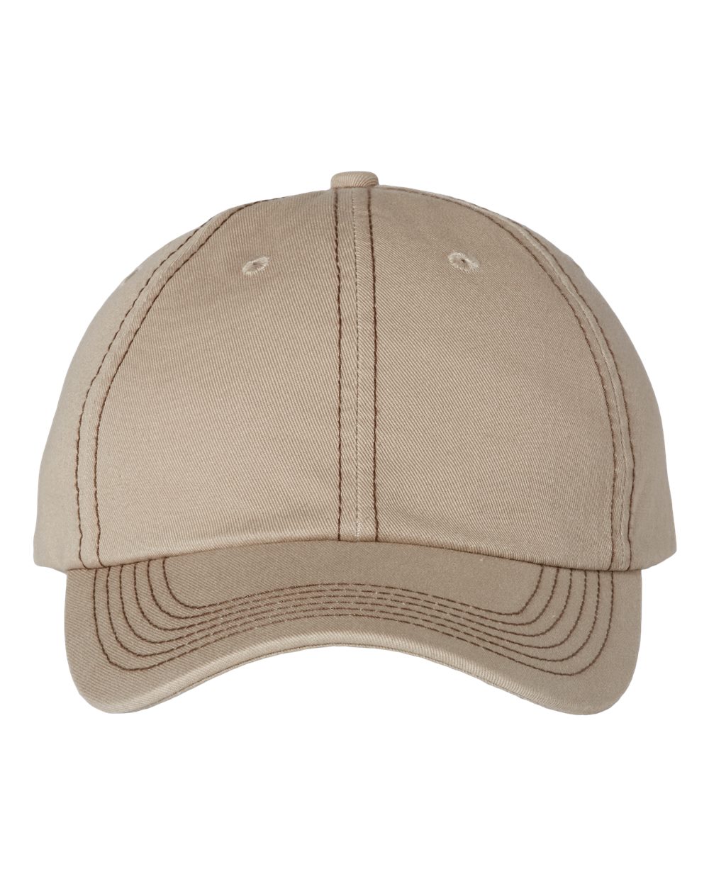 Front View of Khaki/ Brown Stitch Bio-Washed Classic Dad Hat - VC300A
