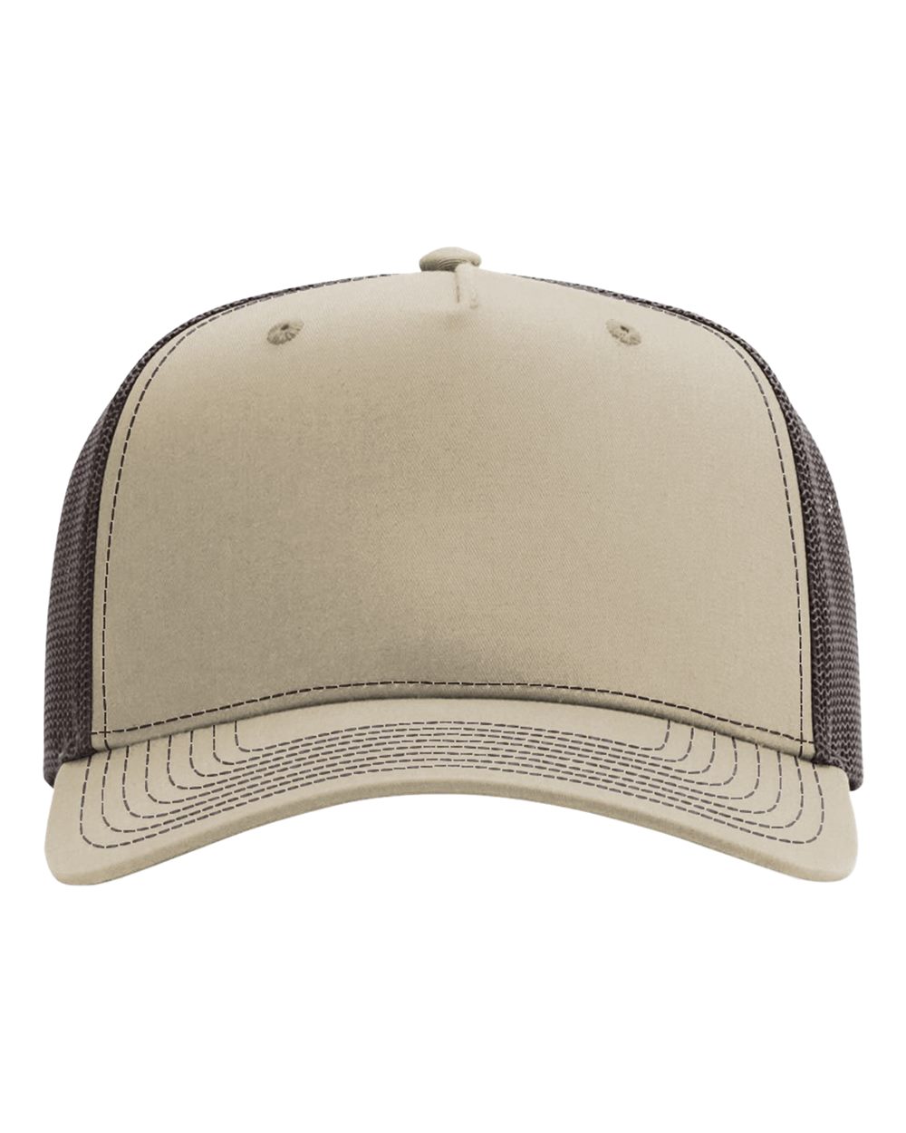 Front View of Khaki/ Coffee Five-Panel Champ Trucker Cap - 112FPC