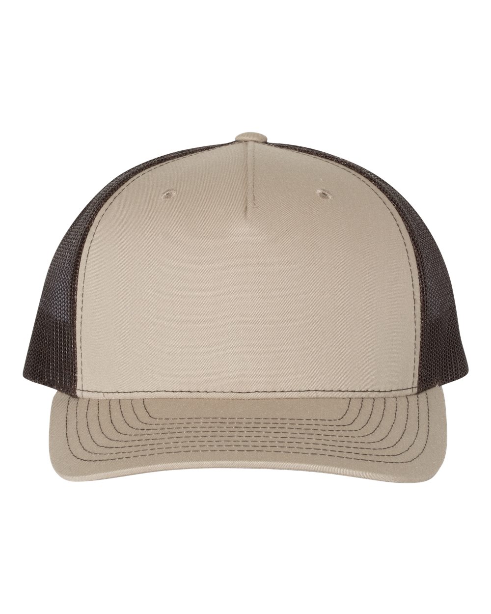 Front View of Khaki/ Coffee Five-Panel Trucker Cap - 112FP