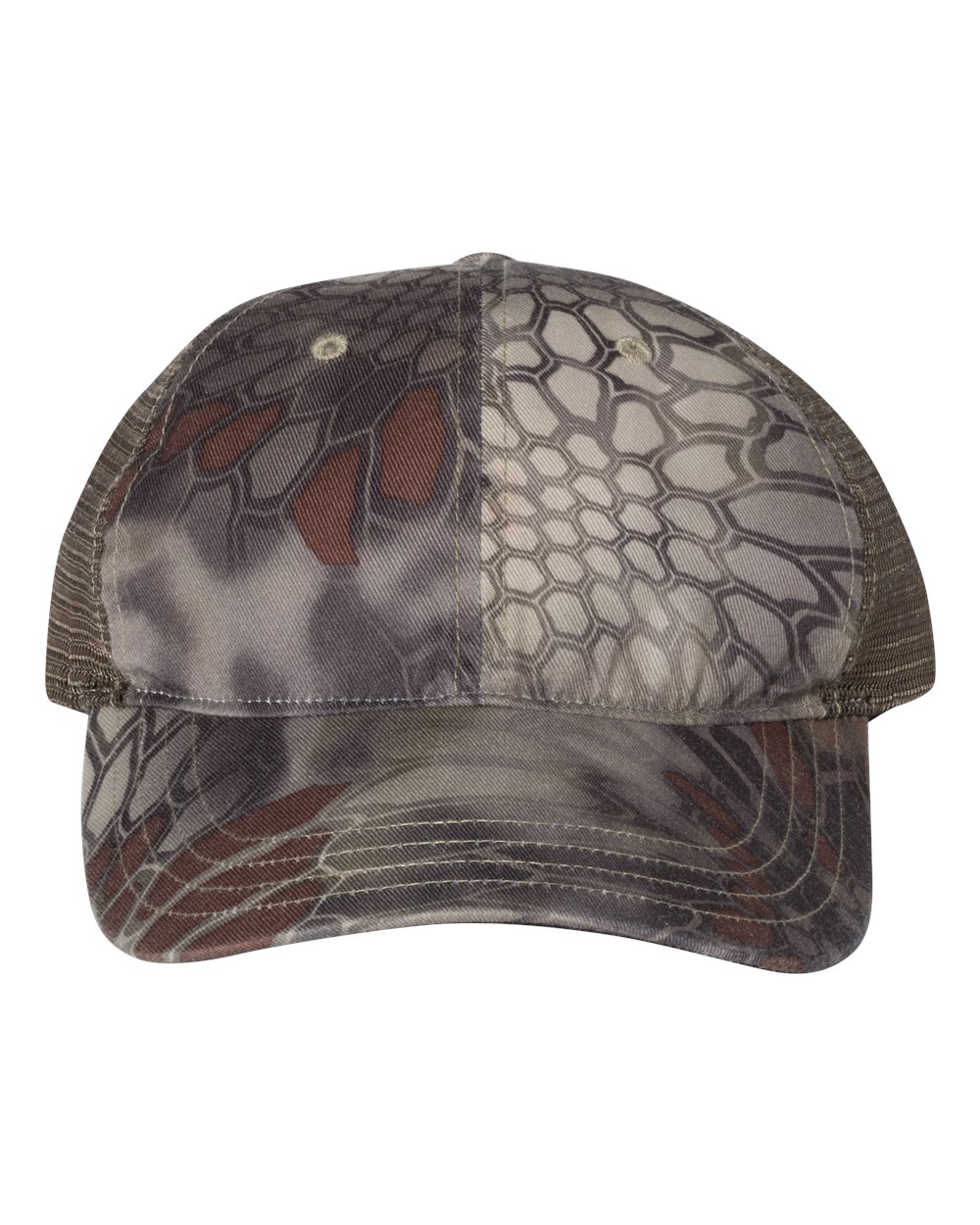 Front View of Kryptek Highlander/ Brown Garment Washed Printed Trucker Cap - 111P