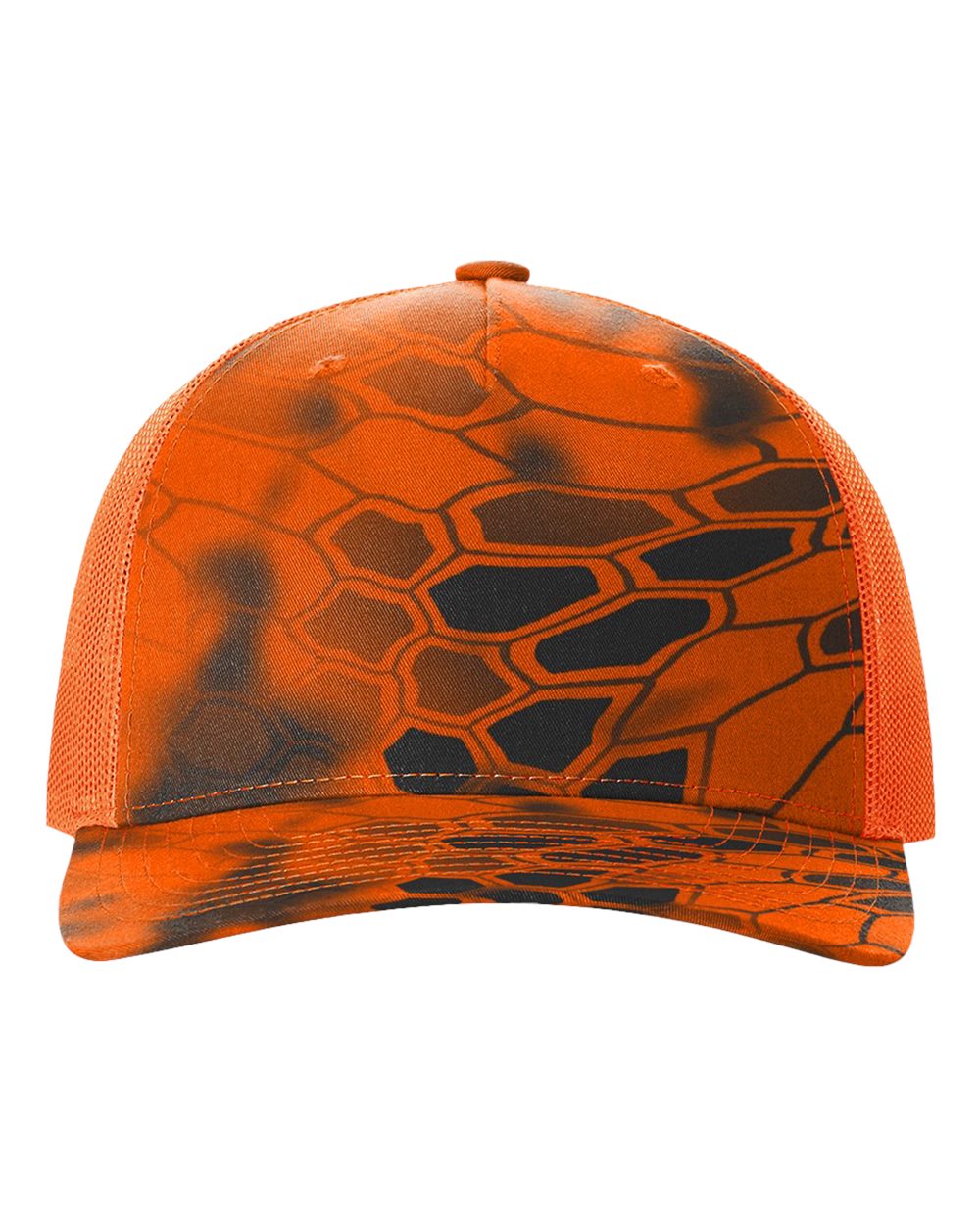 Front View of Kryptek Inferno/ Blaze Orange Five-Panel Printed Trucker Cap - 112PFP
