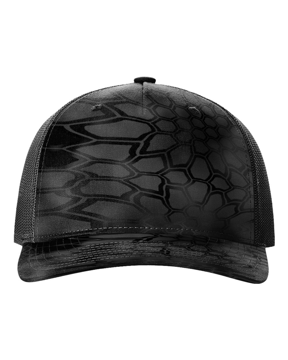 Front View of Kryptek Typhon/ Black Five-Panel Printed Trucker Cap - 112PFP