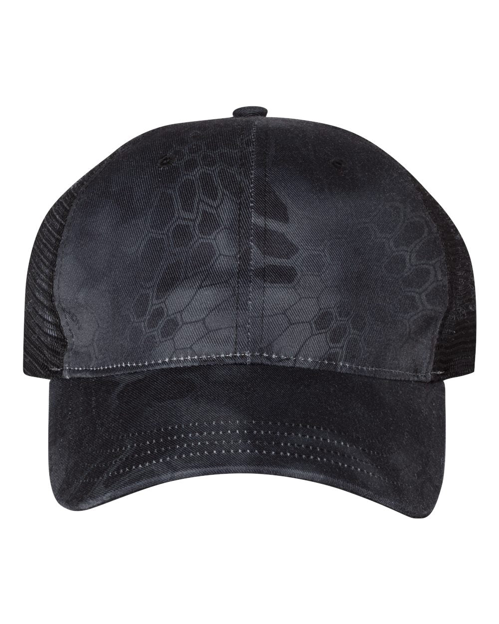 Front View of Kryptek Typhon/ Black Garment Washed Printed Trucker Cap - 111P