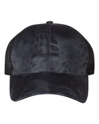 Front View of Kryptek Typhon/ Black Garment Washed Printed Trucker Cap - 111P
