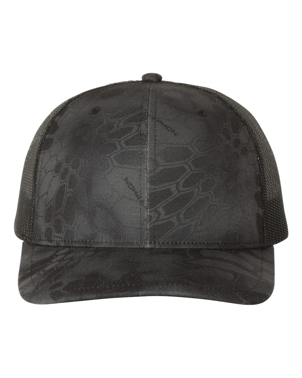Front View of Kryptek Typhon/ Black Printed Trucker Cap - 112P