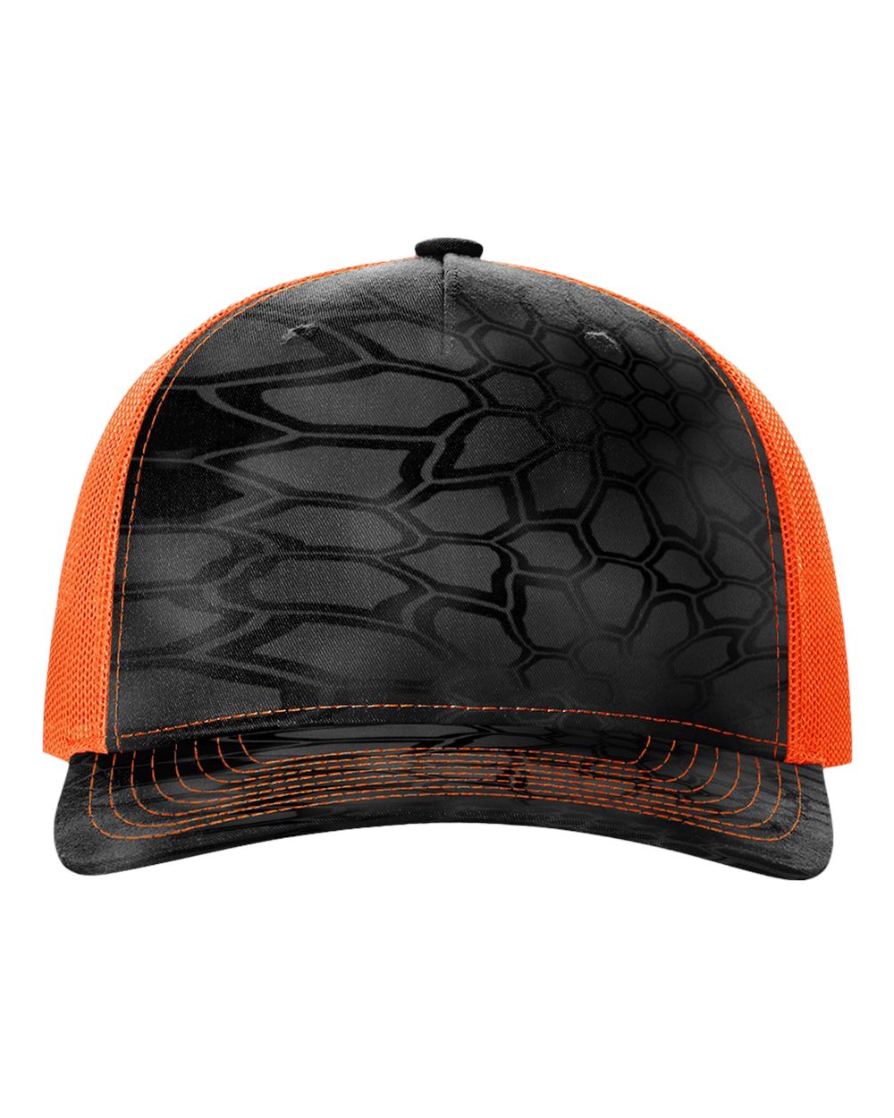 Front View of Kryptek Typhon/ Neon Orange Five-Panel Printed Trucker Cap - 112PFP
