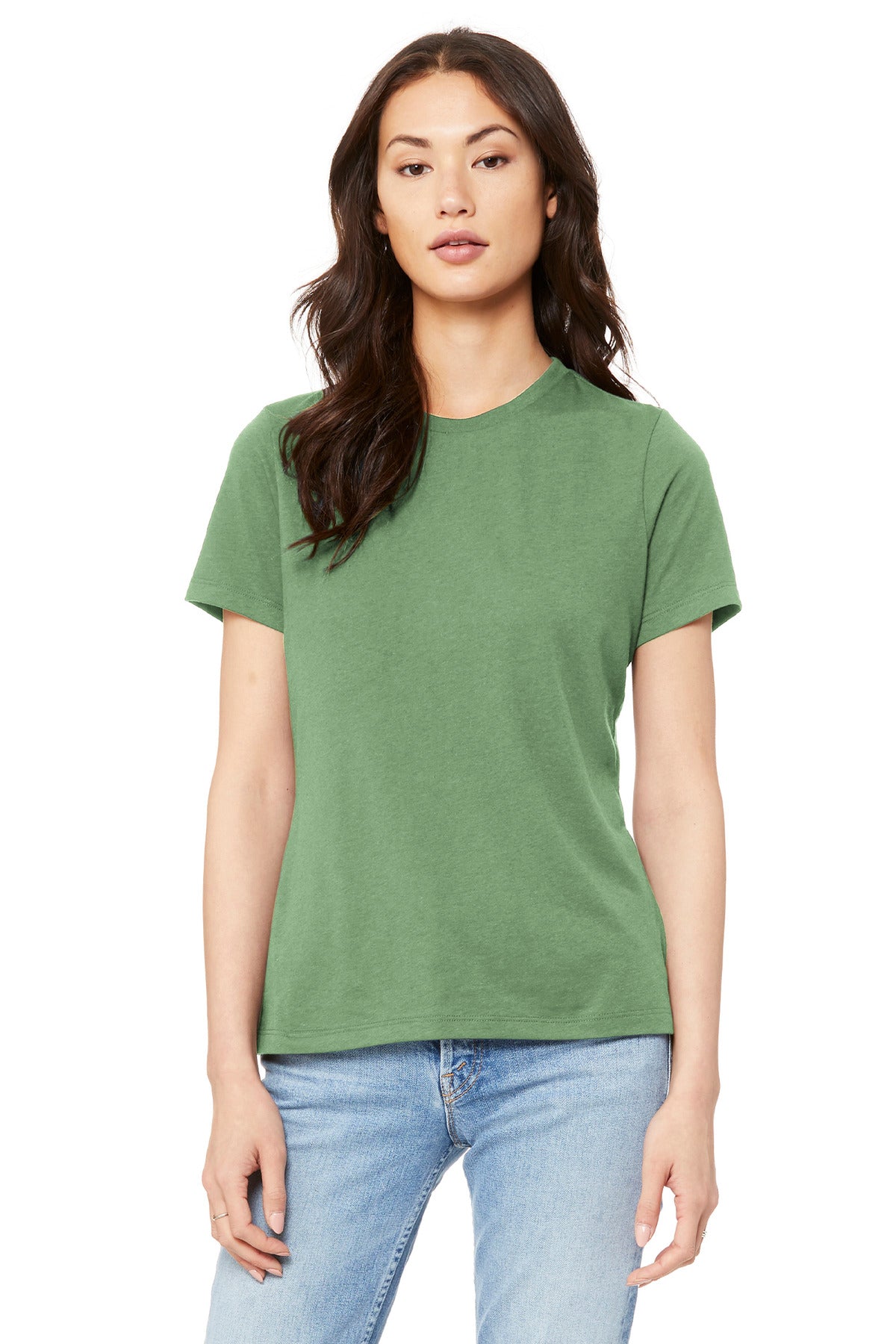 Front View of Leaf BELLA+CANVAS Women's Relaxed Jersey Short Sleeve Tee. BC6400