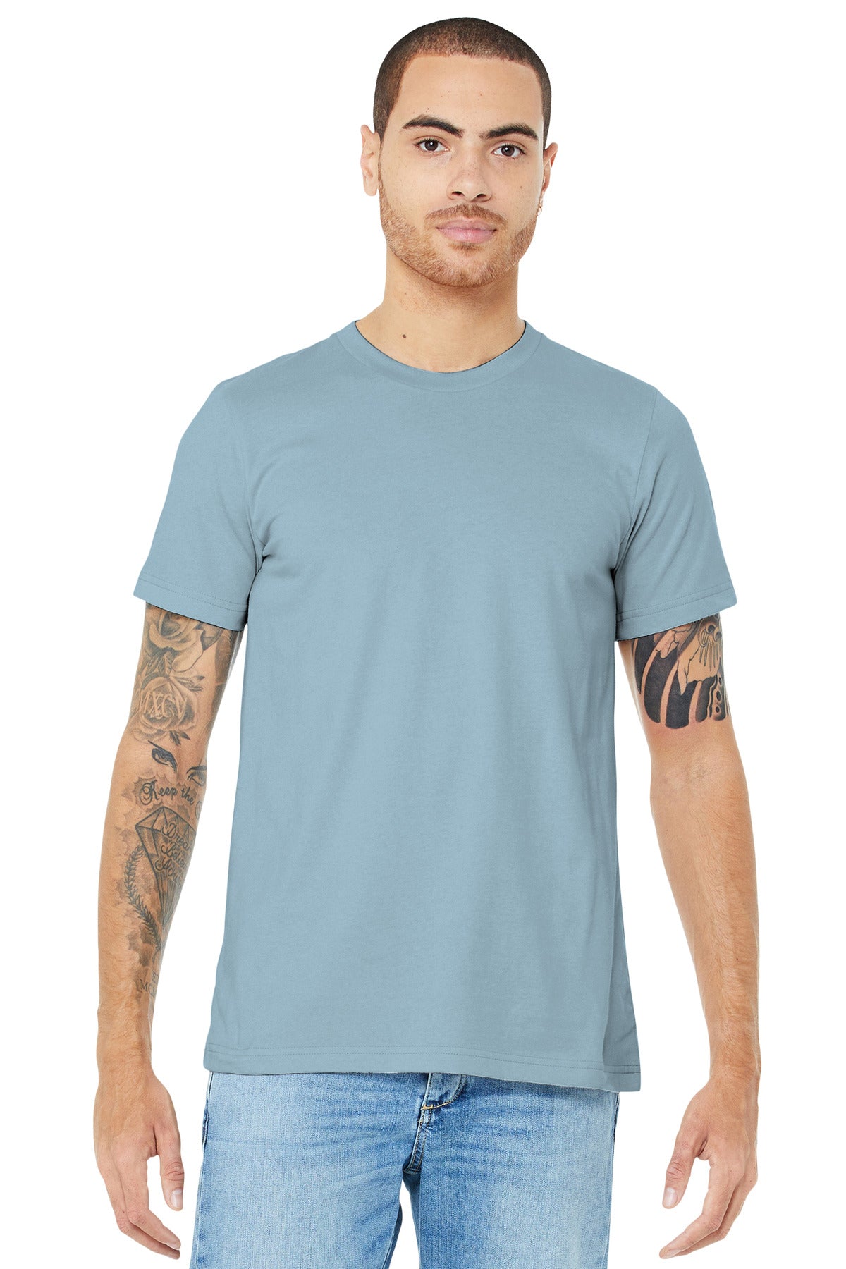 Front View of Light Blue BELLA+CANVAS Unisex Jersey Short Sleeve Tee. BC3001