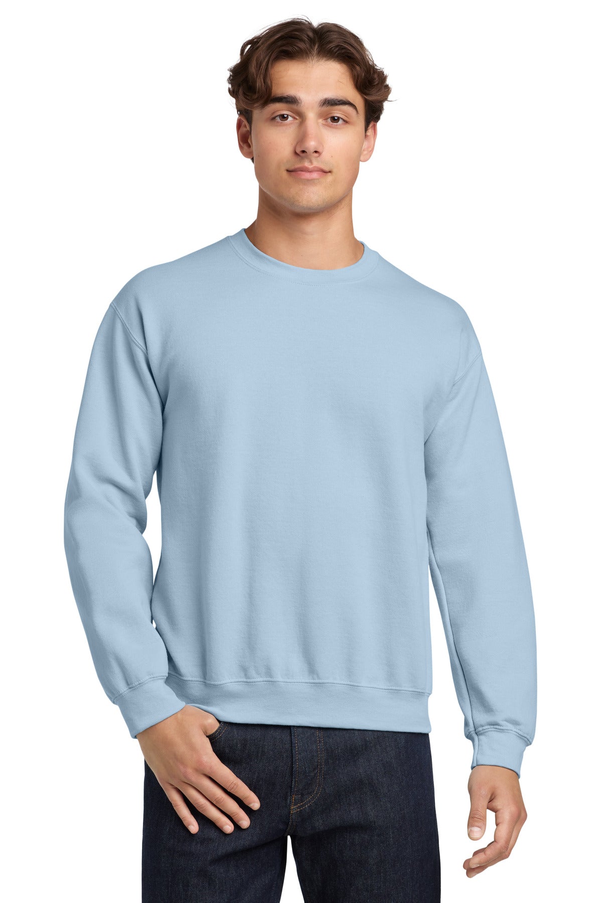 Front View of Light Blue Gildan Heavy Blend Crewneck Sweatshirt. 18000