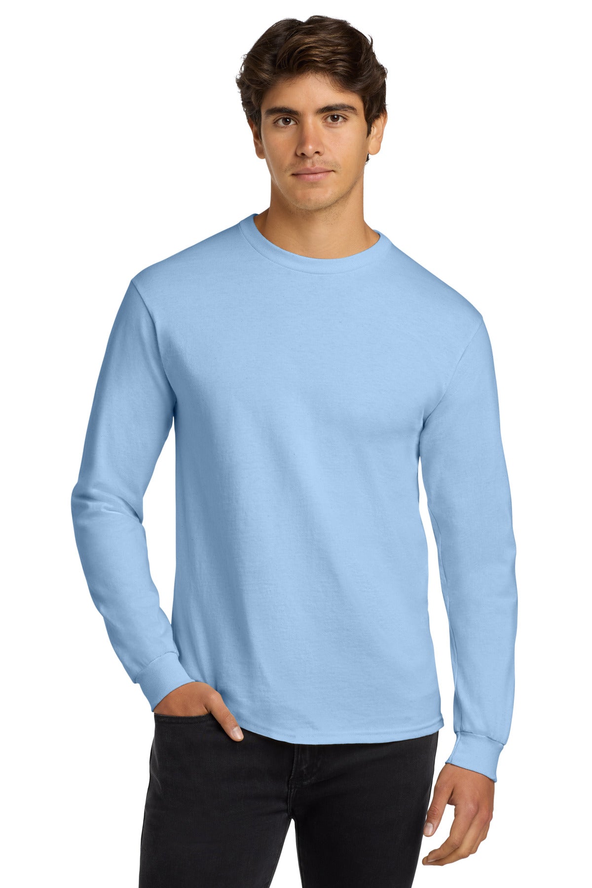 Front View of Light Blue Gildan - Ultra Cotton 100% US Cotton Long Sleeve T-Shirt. G2400