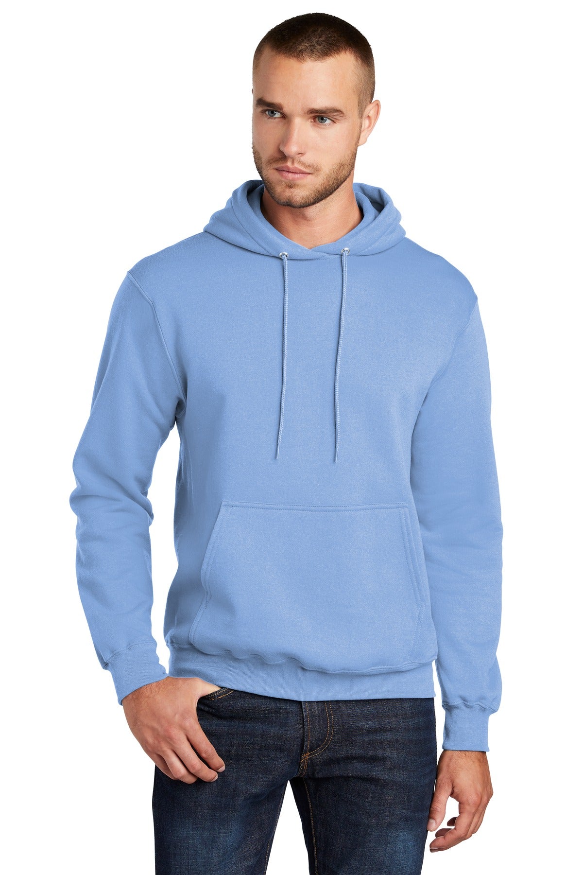 Front View of Light Blue Port & Co Core Fleece Pullover Hooded Sweatshirt. PC78H