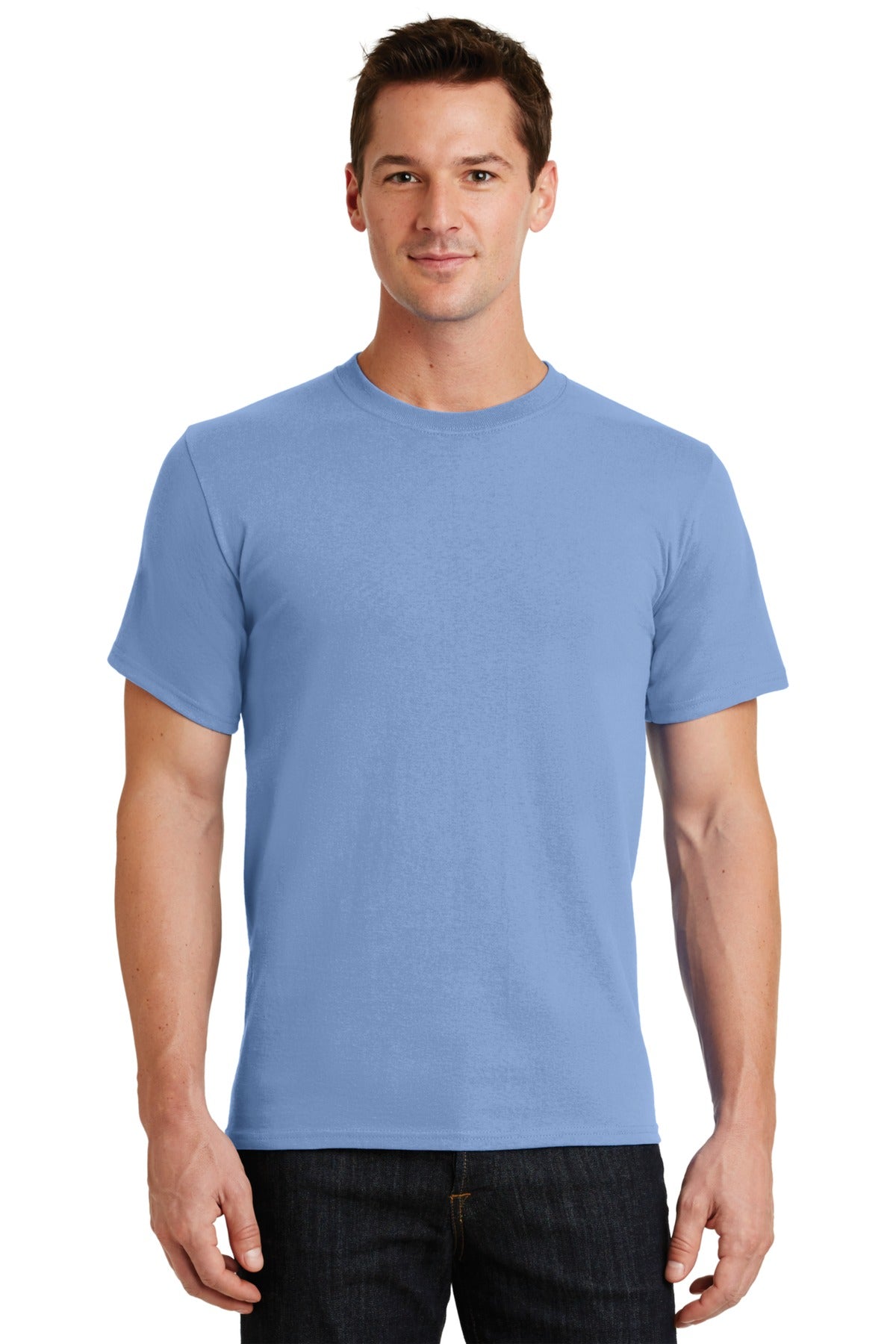 Front View of Light Blue Port & Co Essential Tee. PC61